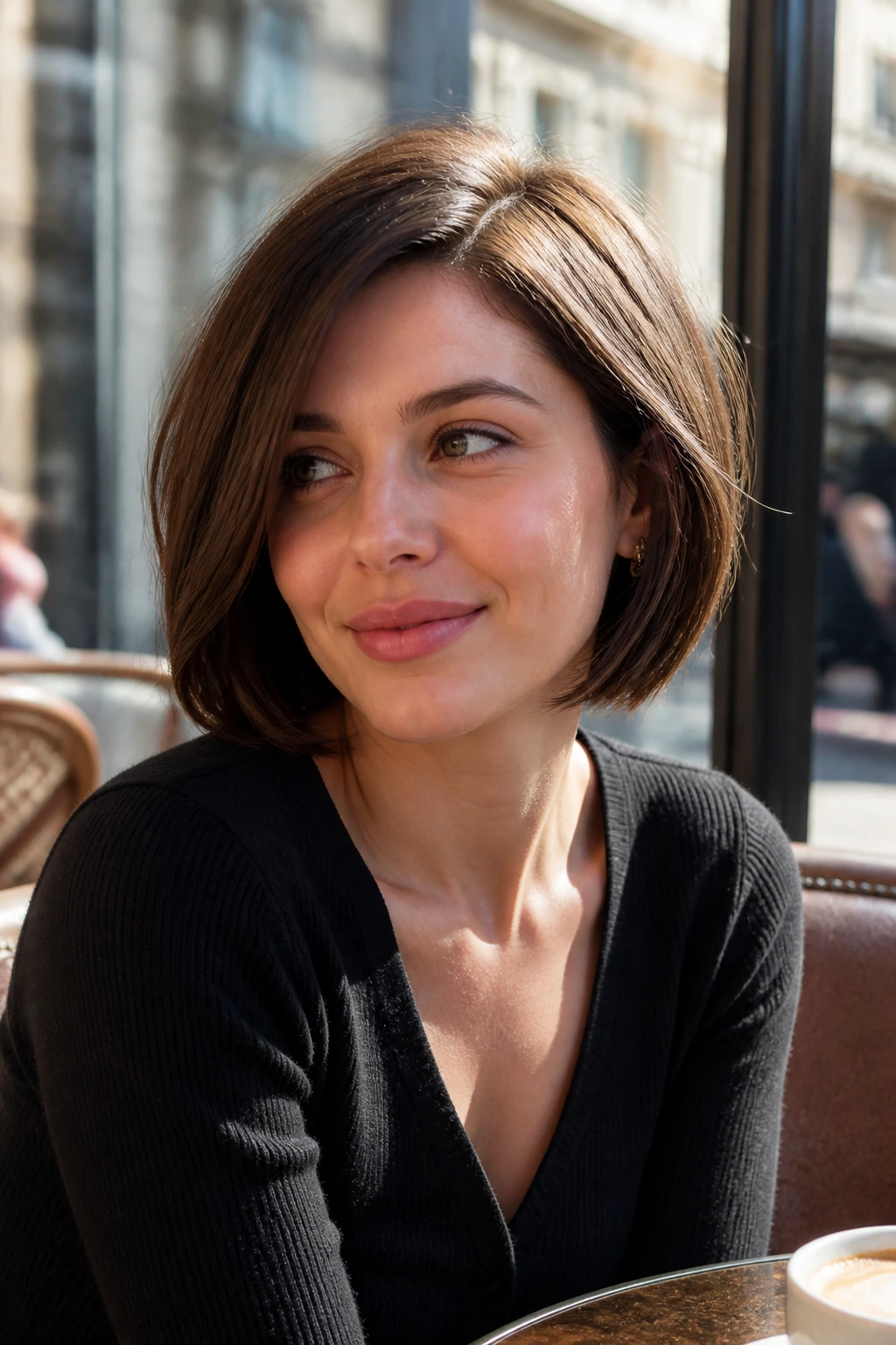 Portrait of a woman with angled French bob and side part