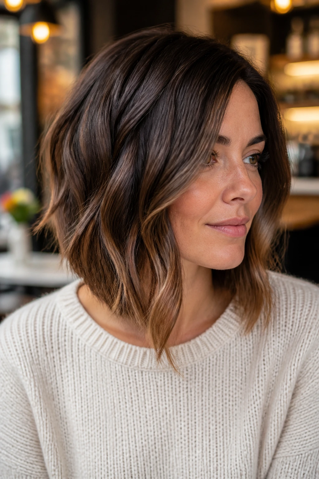 Portrait of a real woman with angled front-heavy lob and soft waves