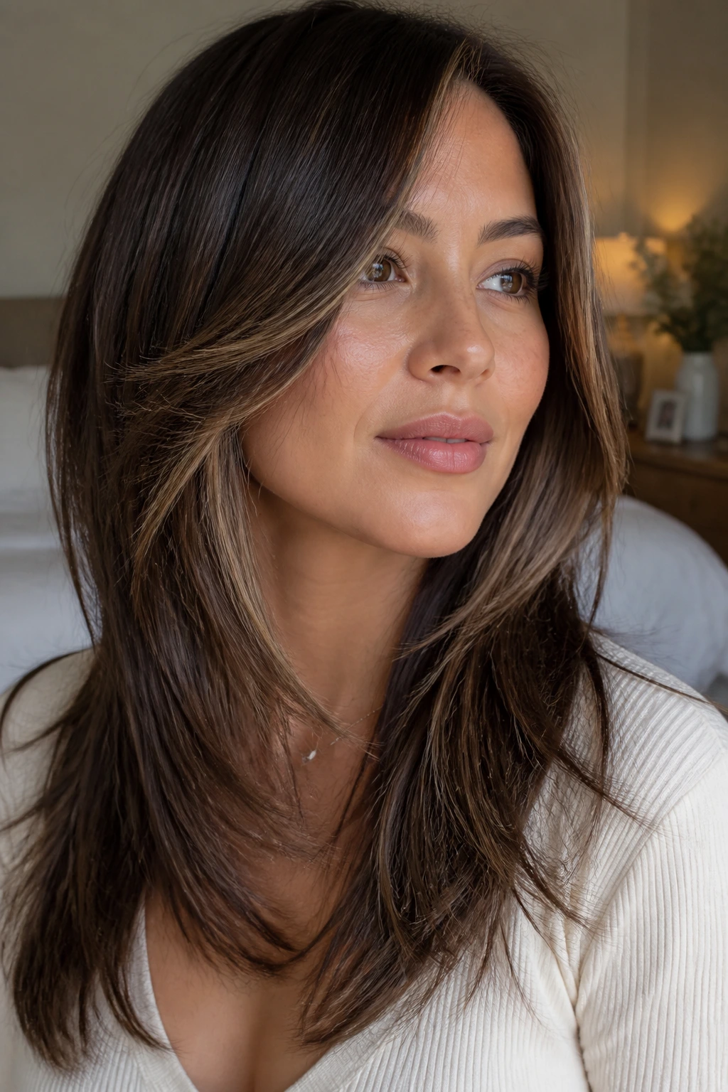 Close-up portrait of a real woman with angled front layers carving the cheeks