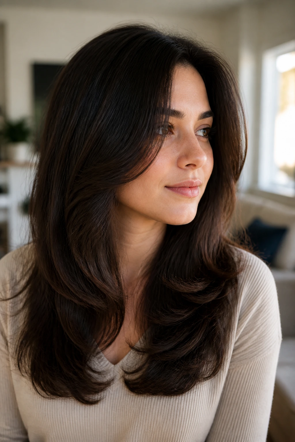 Close-up portrait of a real woman with angled front layers sweeping back in natural light