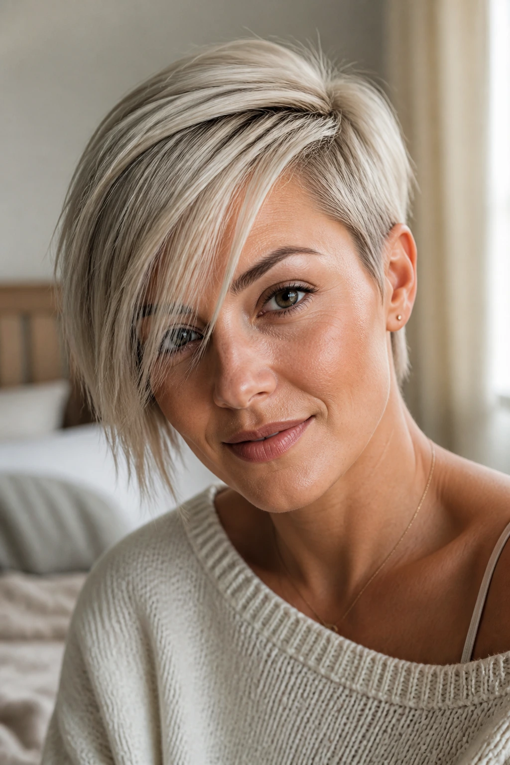 Close-up portrait of a real woman with angled short hair showing a diagonal line in a cozy bedroom.