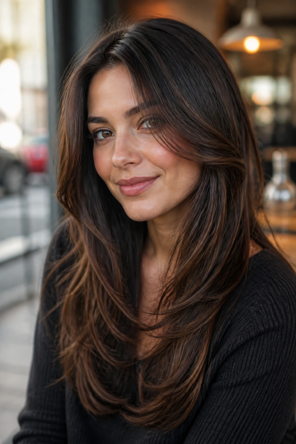 Real woman with long angled layers framing cheekbones in a portrait