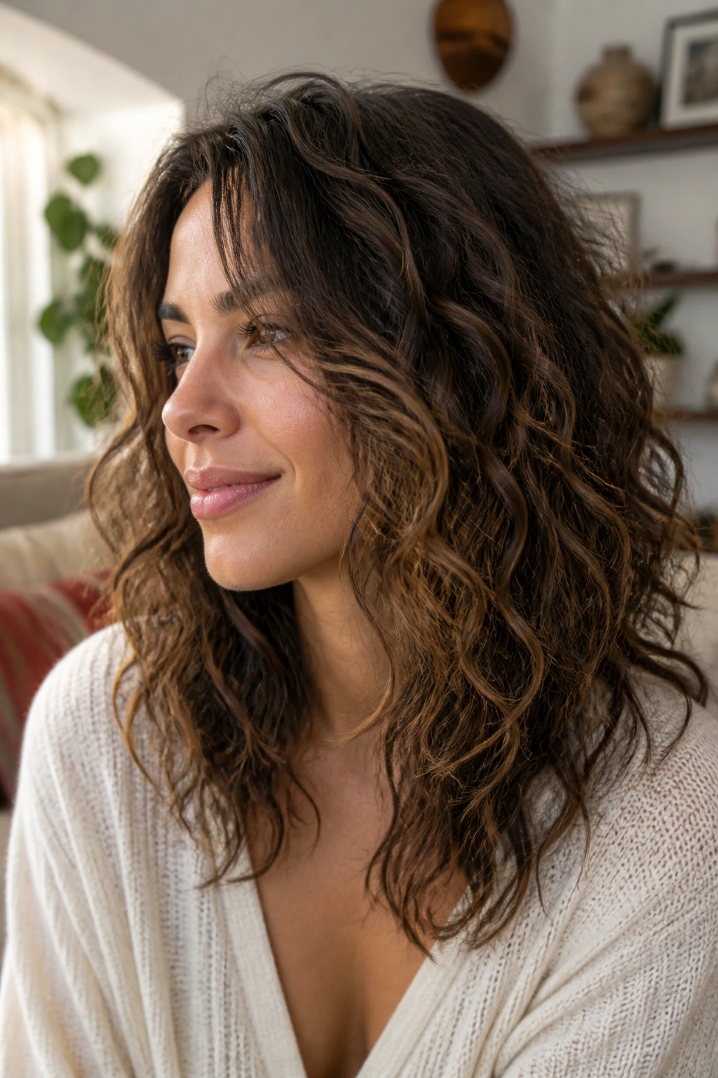 Close-up of angled layers that slim the sides on a real woman's hairstyle.
