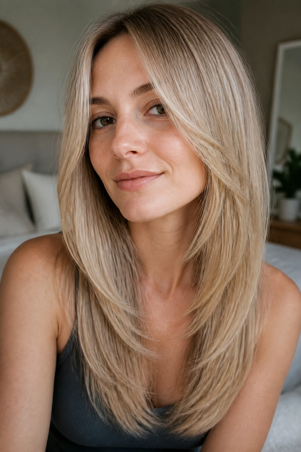 Close-up portrait of a real woman with fine hair showing angled layers around the face in soft window light