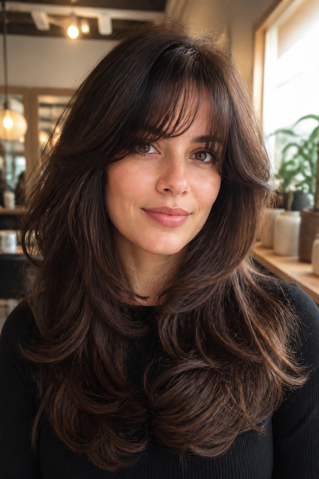 Close-up of a real woman with thick hair in angled layers and soft fringe in a salon.