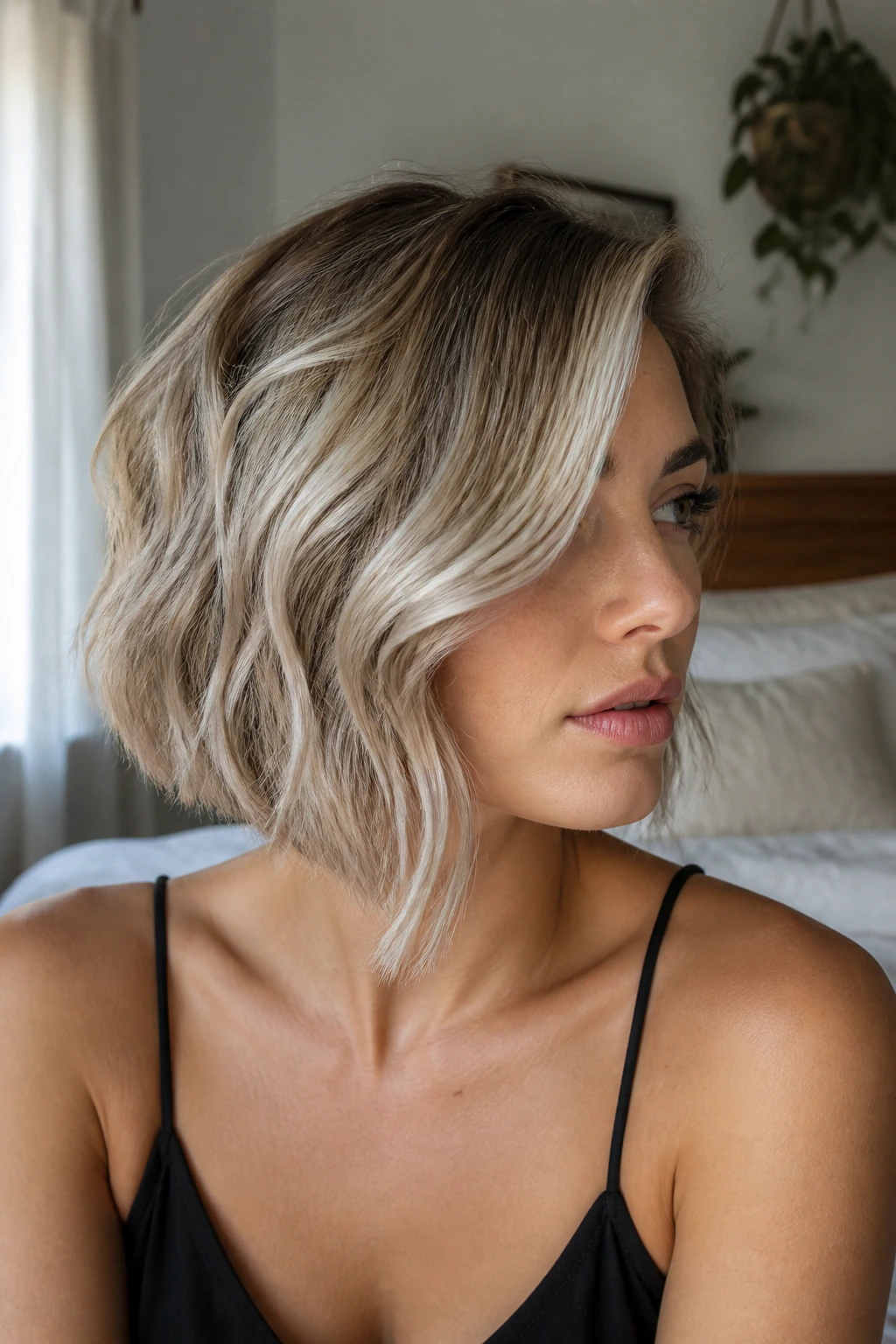 Close-up of a real woman with an angled lob hairstyle