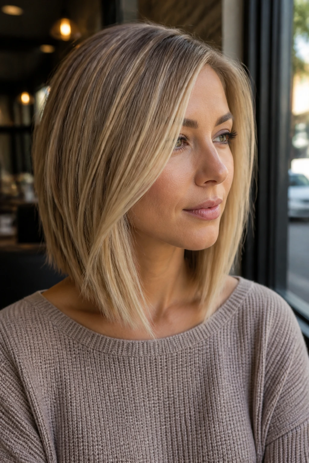 Portrait of a woman with an angled lob hairstyle and subtle front highlights