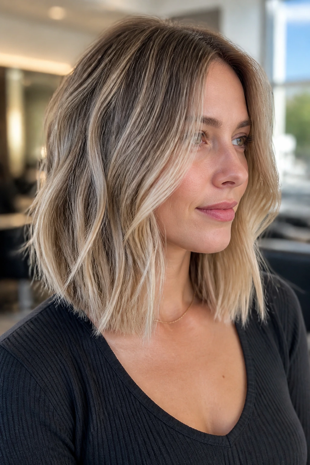Close-up of a real woman with a slightly angled lob and clean blunt edge.