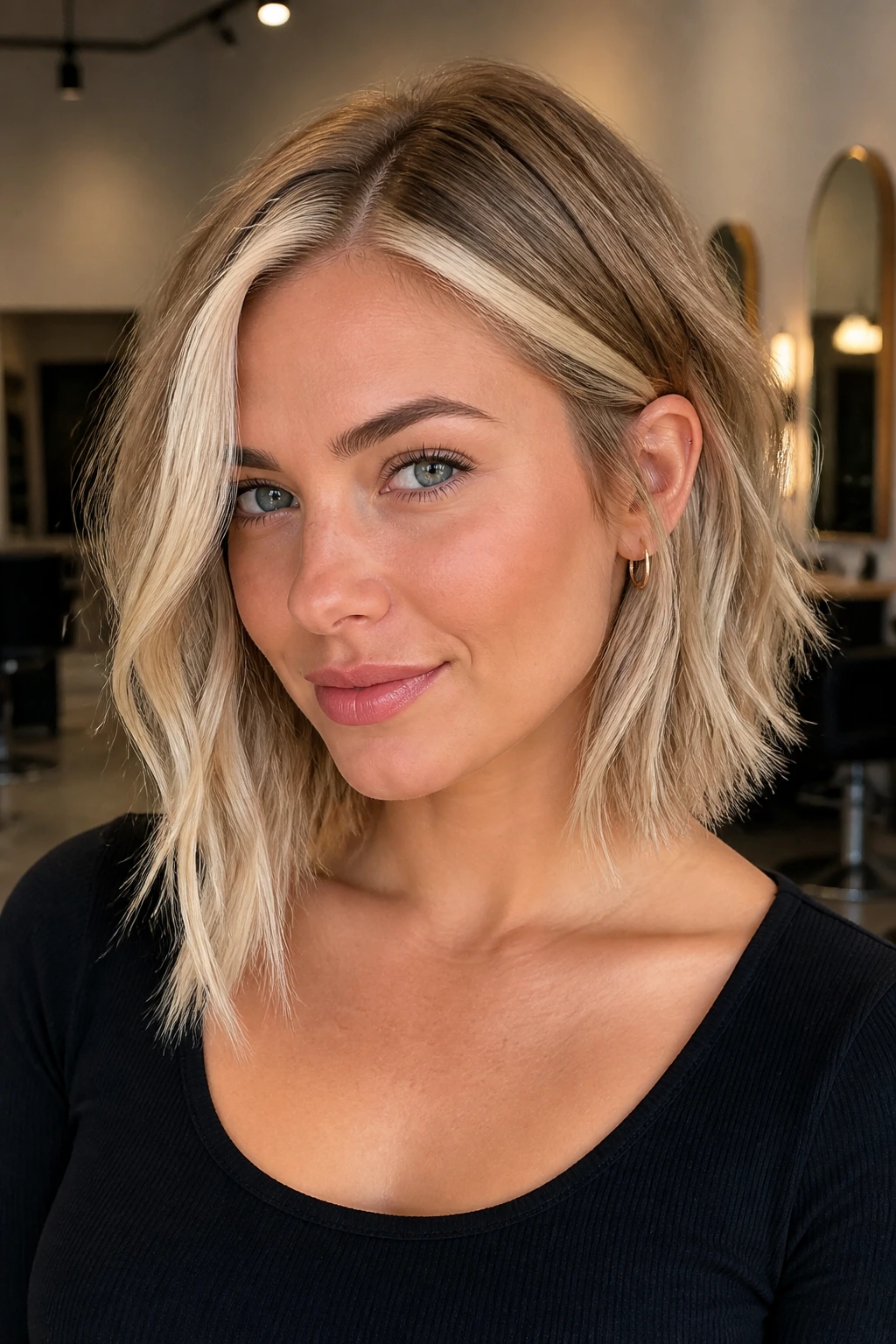 Portrait of a woman with an angled lob and bright money piece at the front.