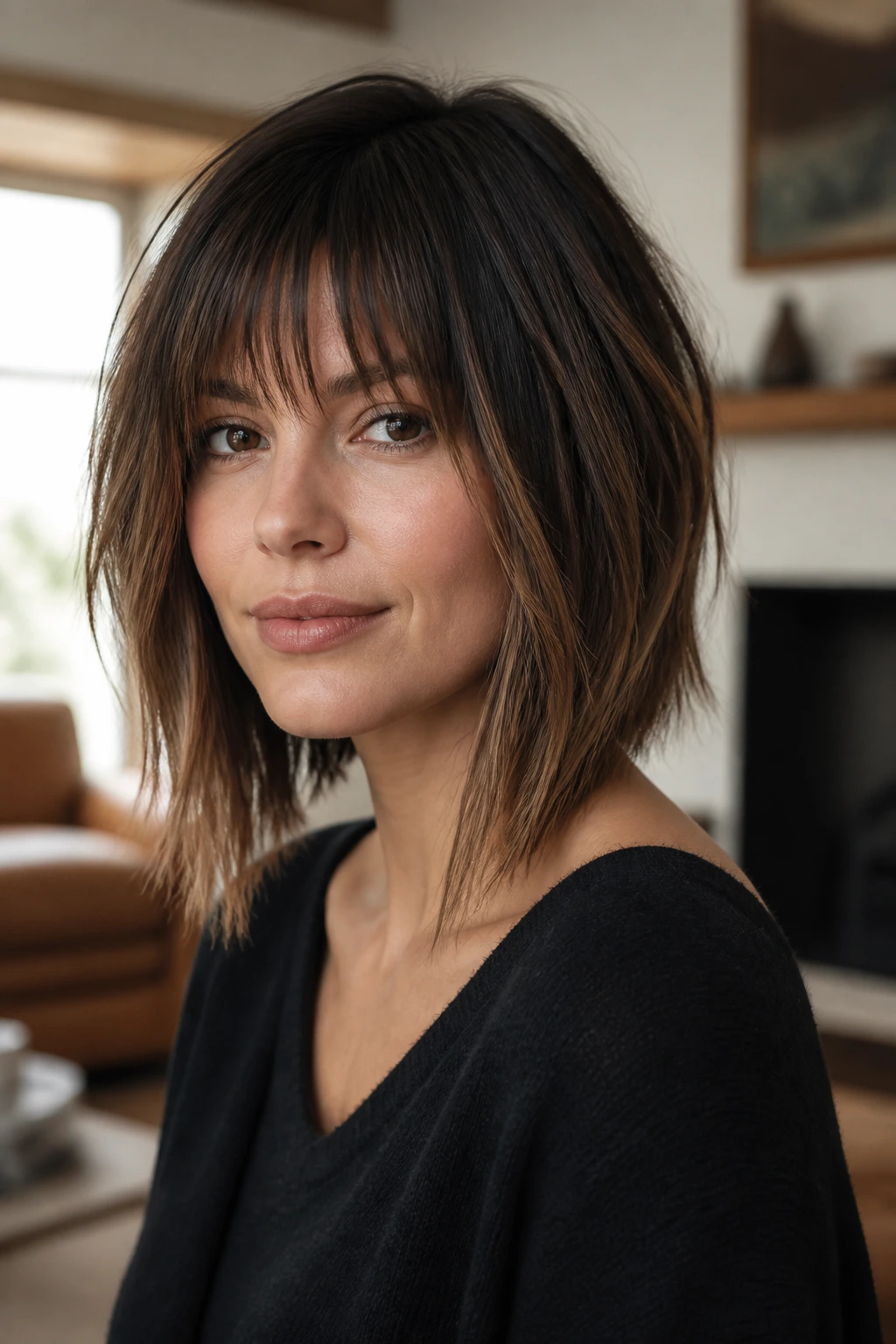 Close-up of a real woman with angled lob and broken fringe ends on a square face.