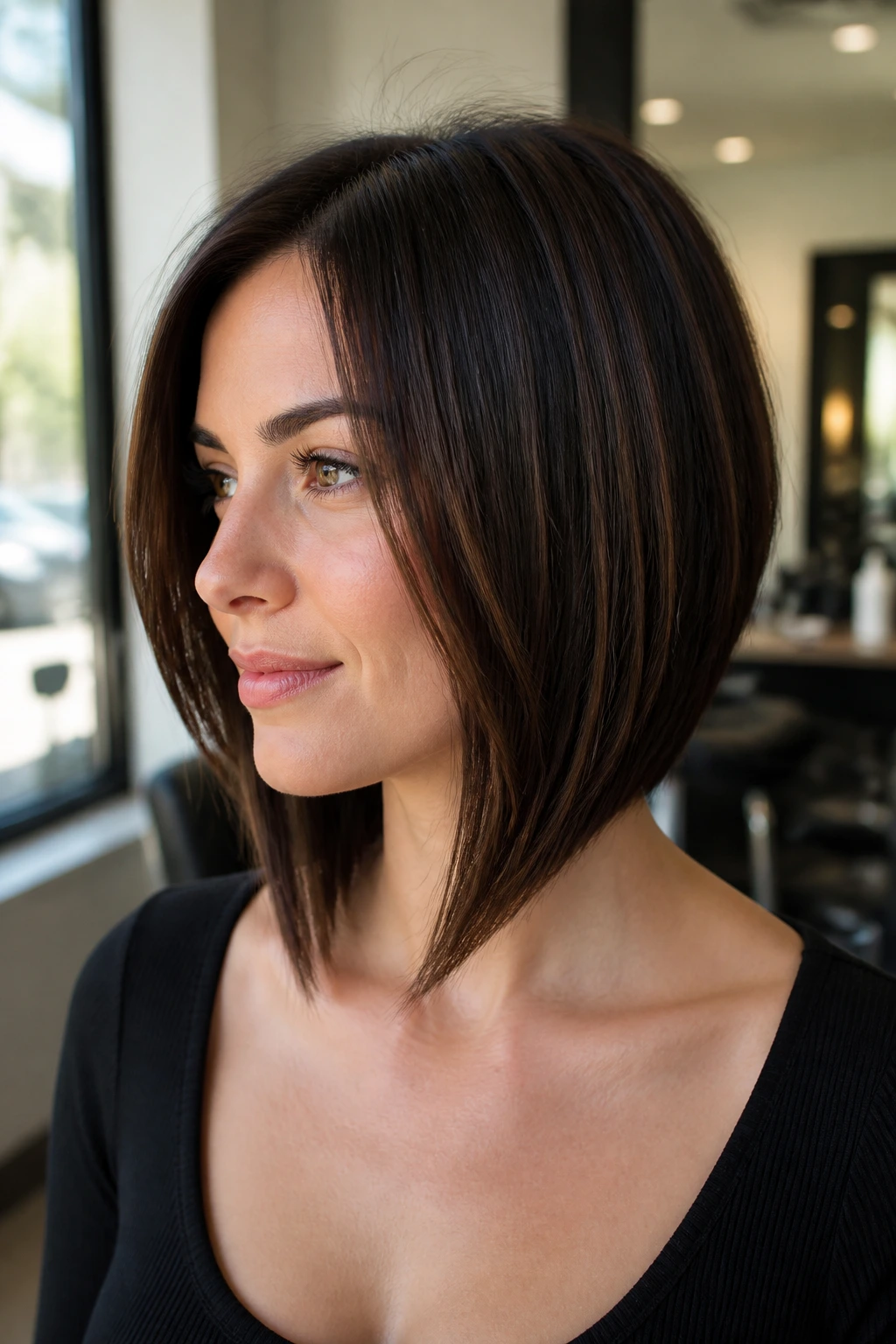 Close-up of a woman with a collarbone-length angled lob