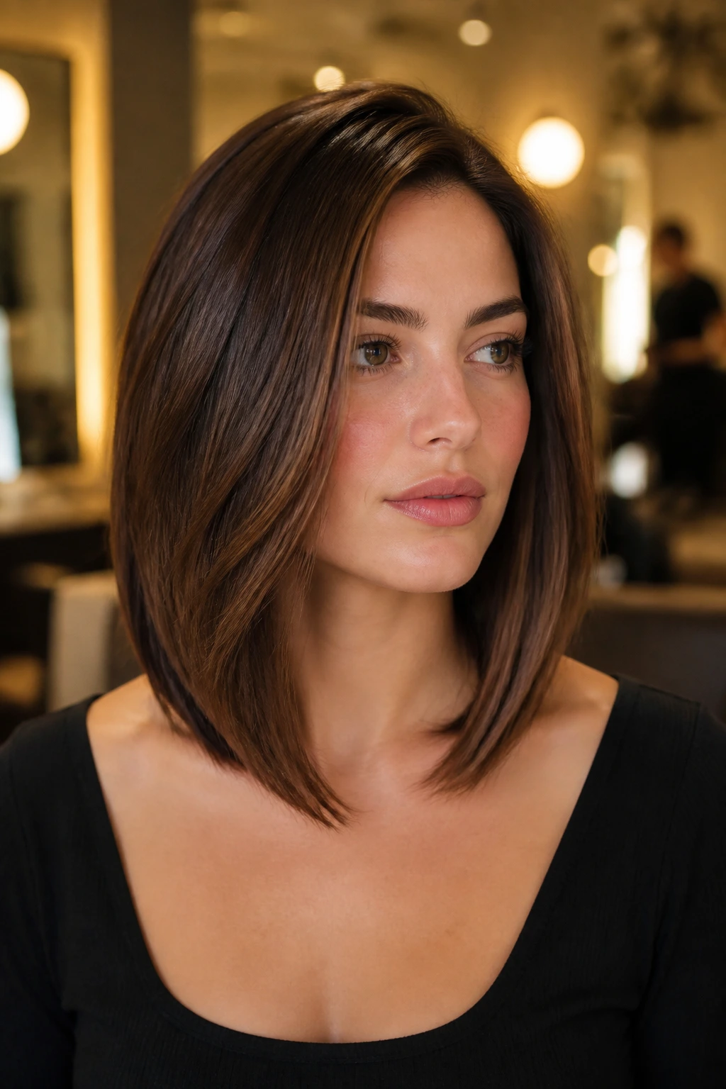 Close-up portrait of a real woman with a thick angled lob skimming the collarbone in a chic salon