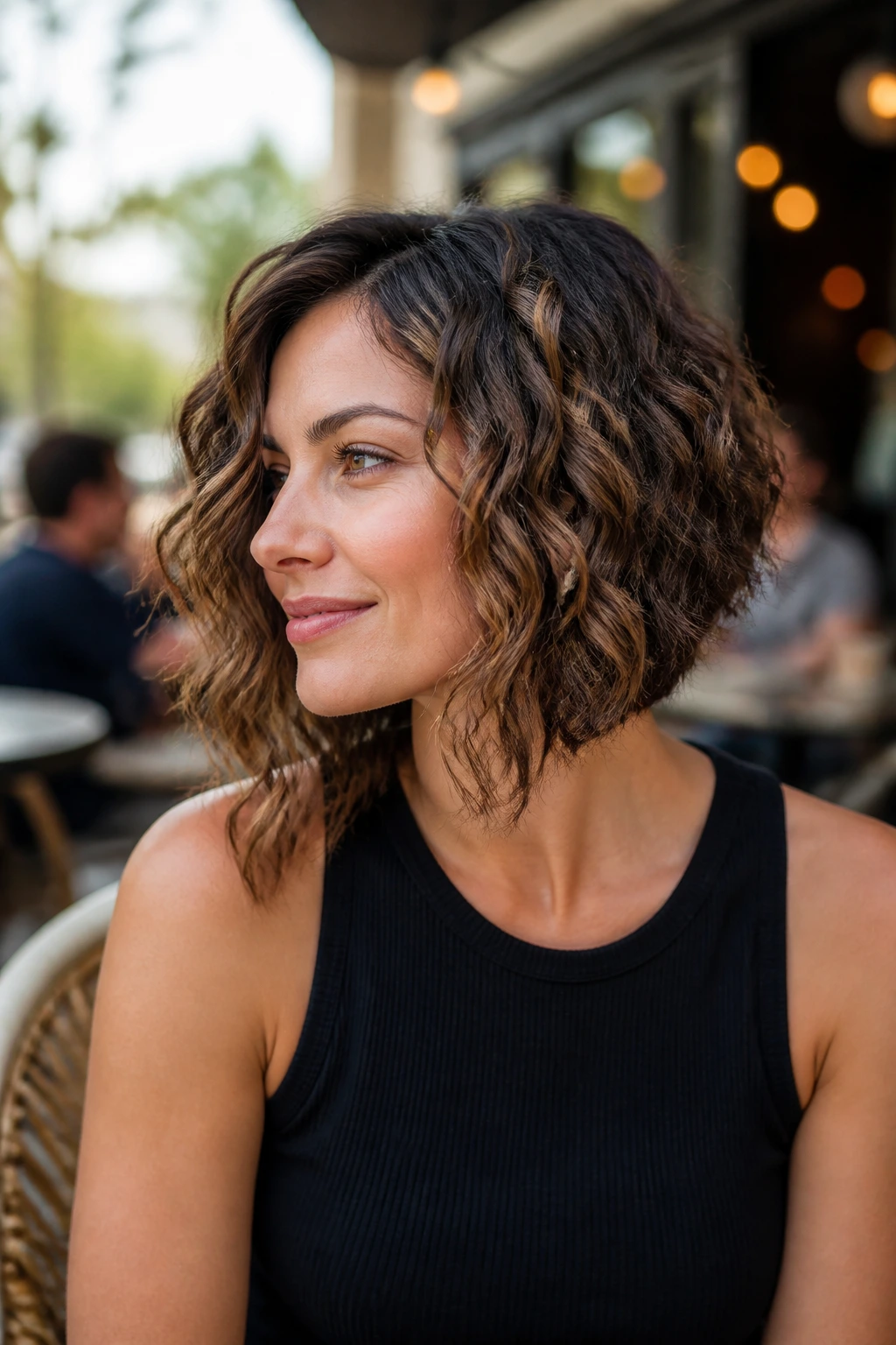 Close-up of a real woman with an angled lob hairstyle