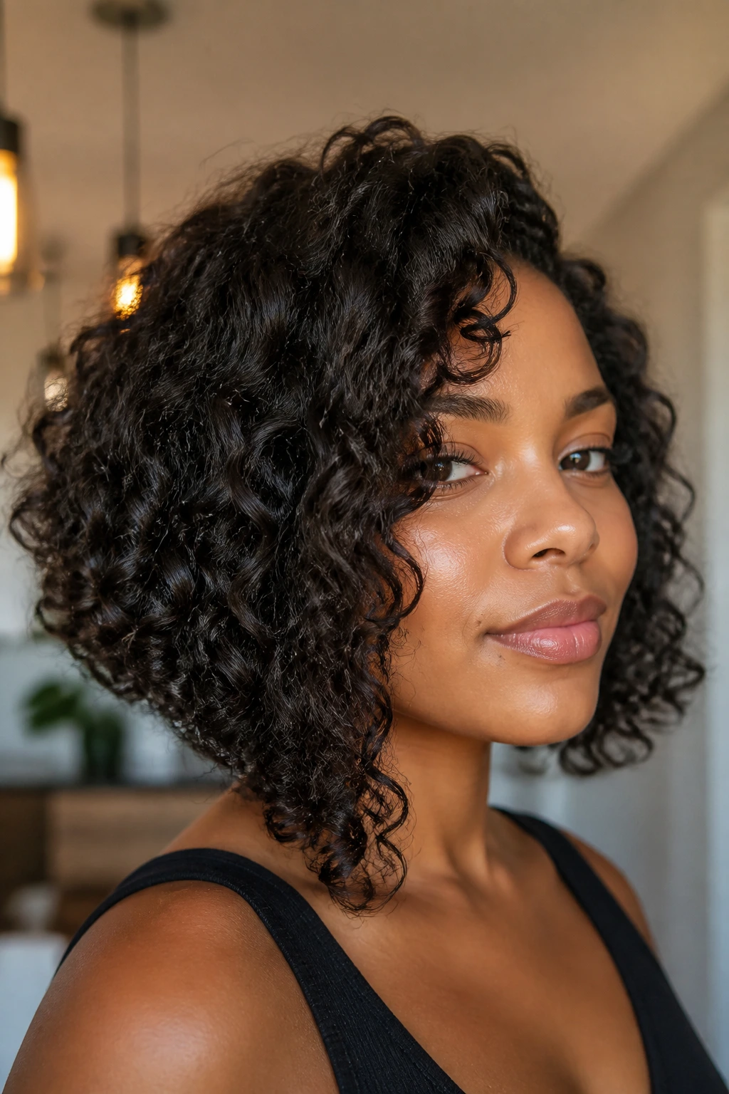 Portrait of a real woman with angled lob and forward-weight curls