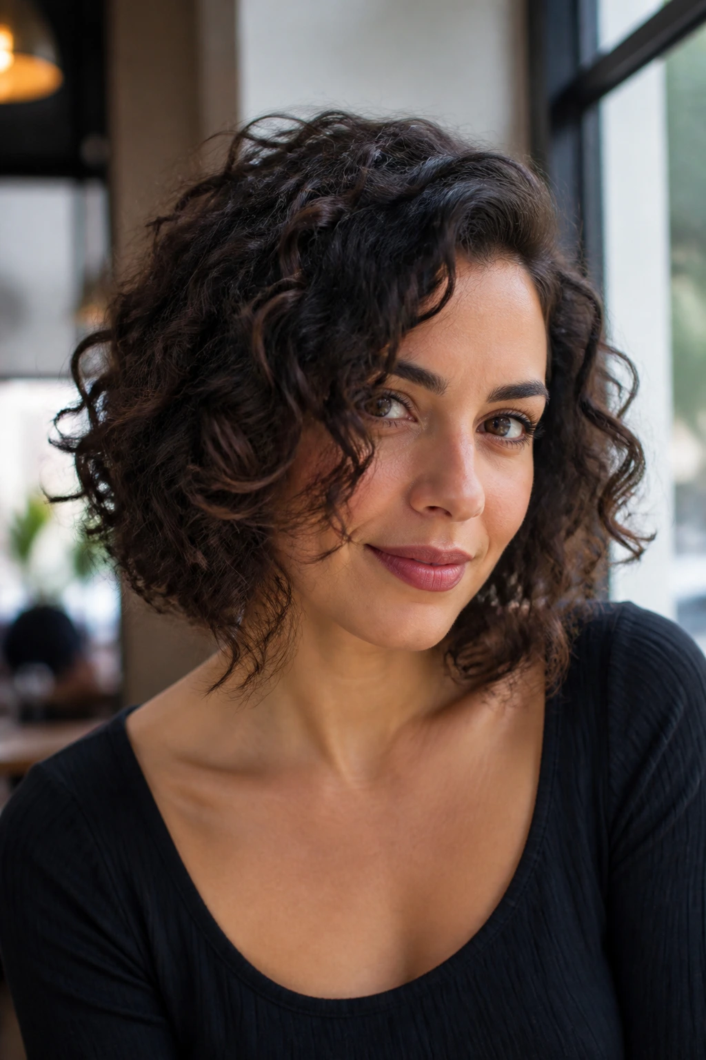 Close-up of a person with an angled lob hairstyle and soft front pieces framing the jaw