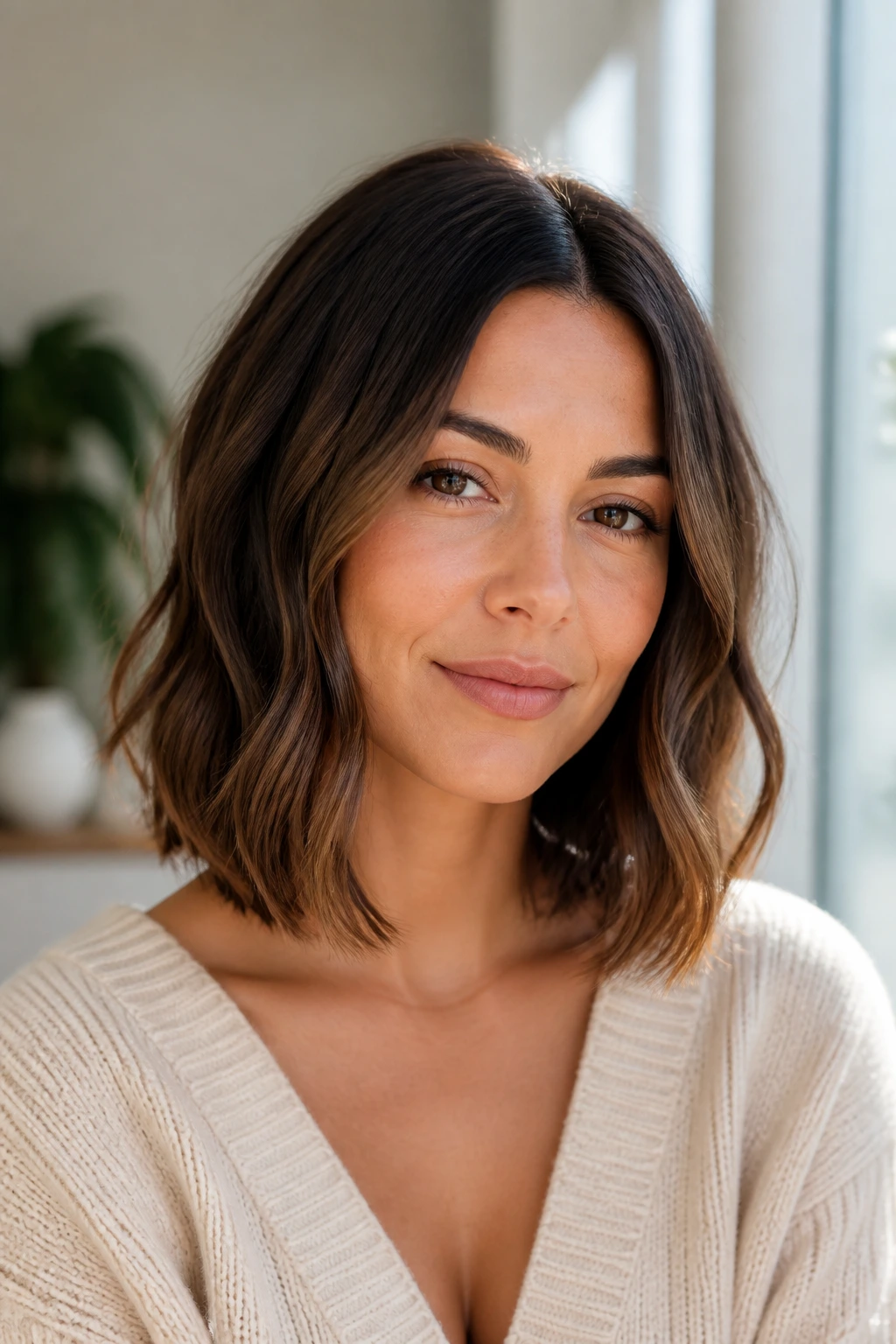 Close-up of a real woman with a polished angled lob framing her face in natural light