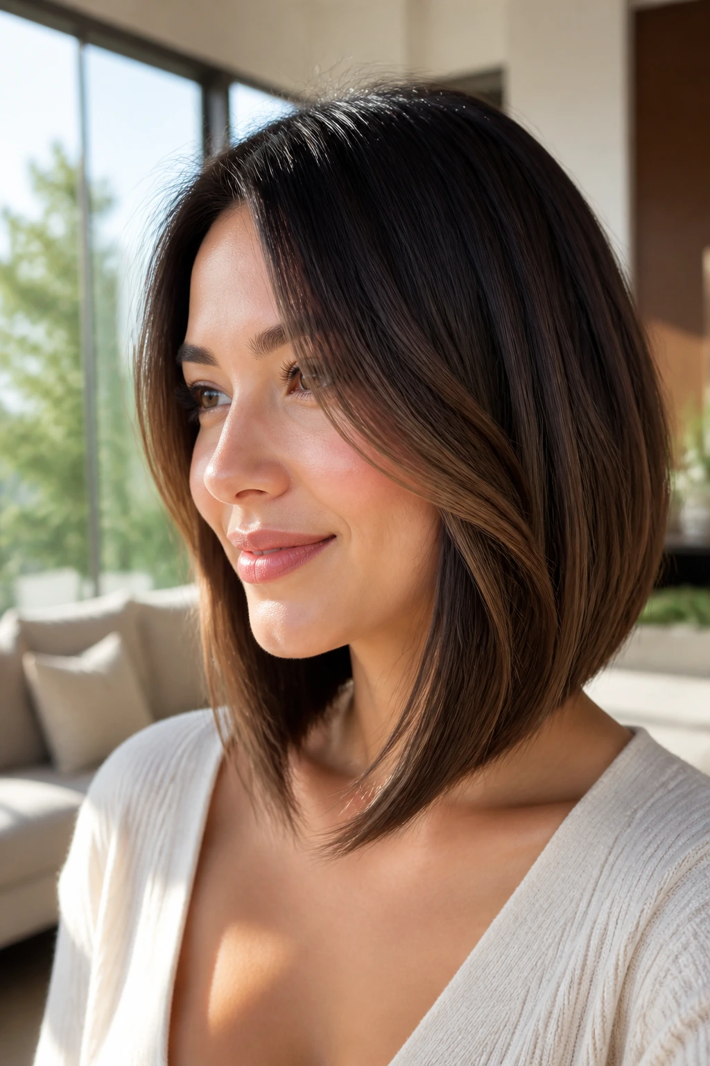 Close-up portrait of a woman with angled lob and curved front pieces framing the cheeks in warm daylight.