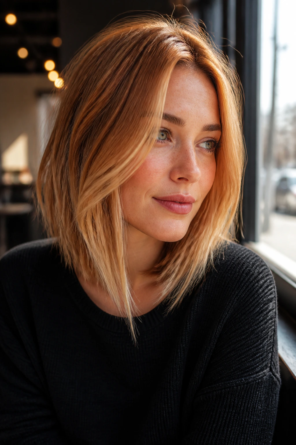Close-up of a real woman with an Angled Lob showing dimensional color in strawberry blonde.