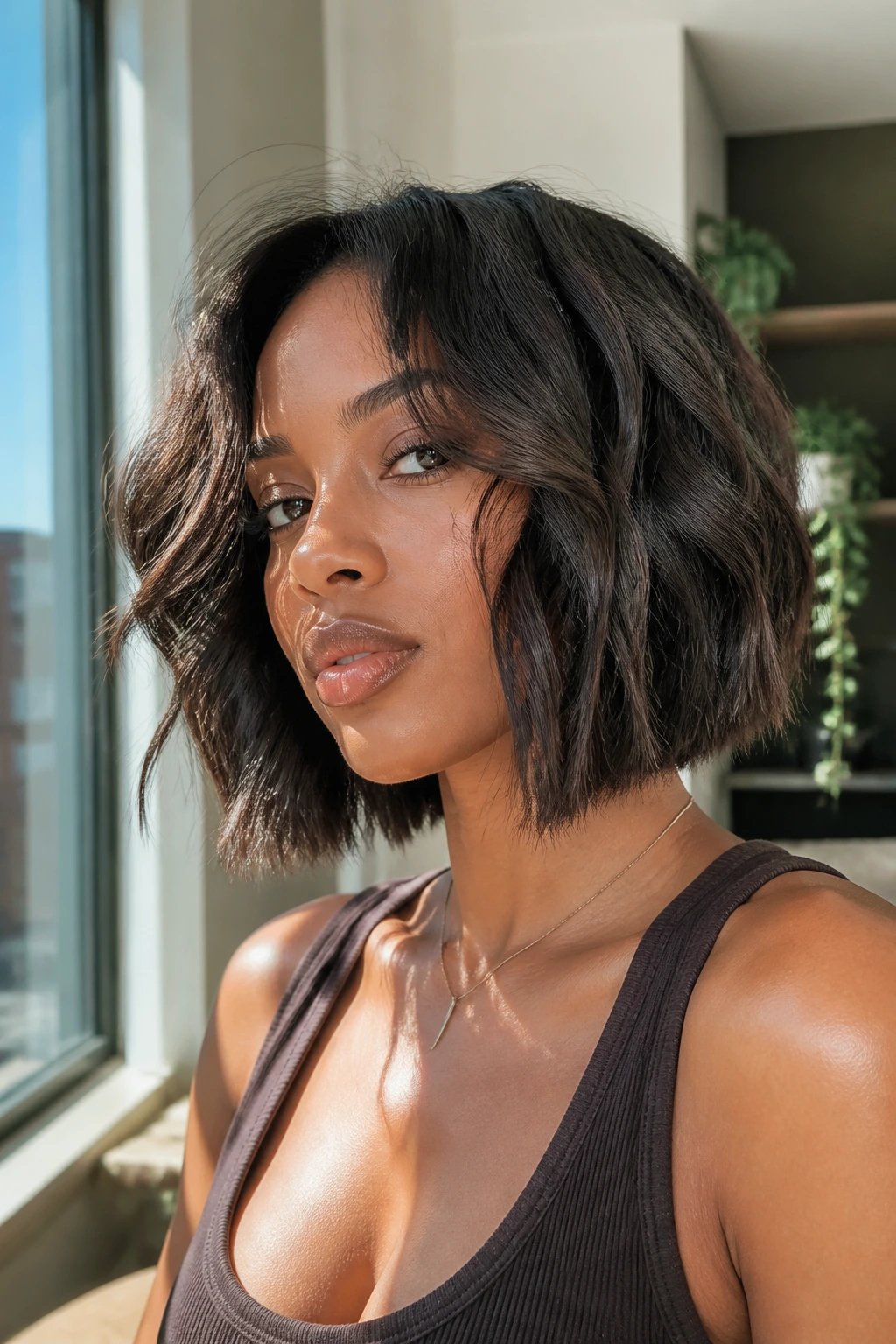 Close-up of an angled lob with face-framing layers on a real Black woman