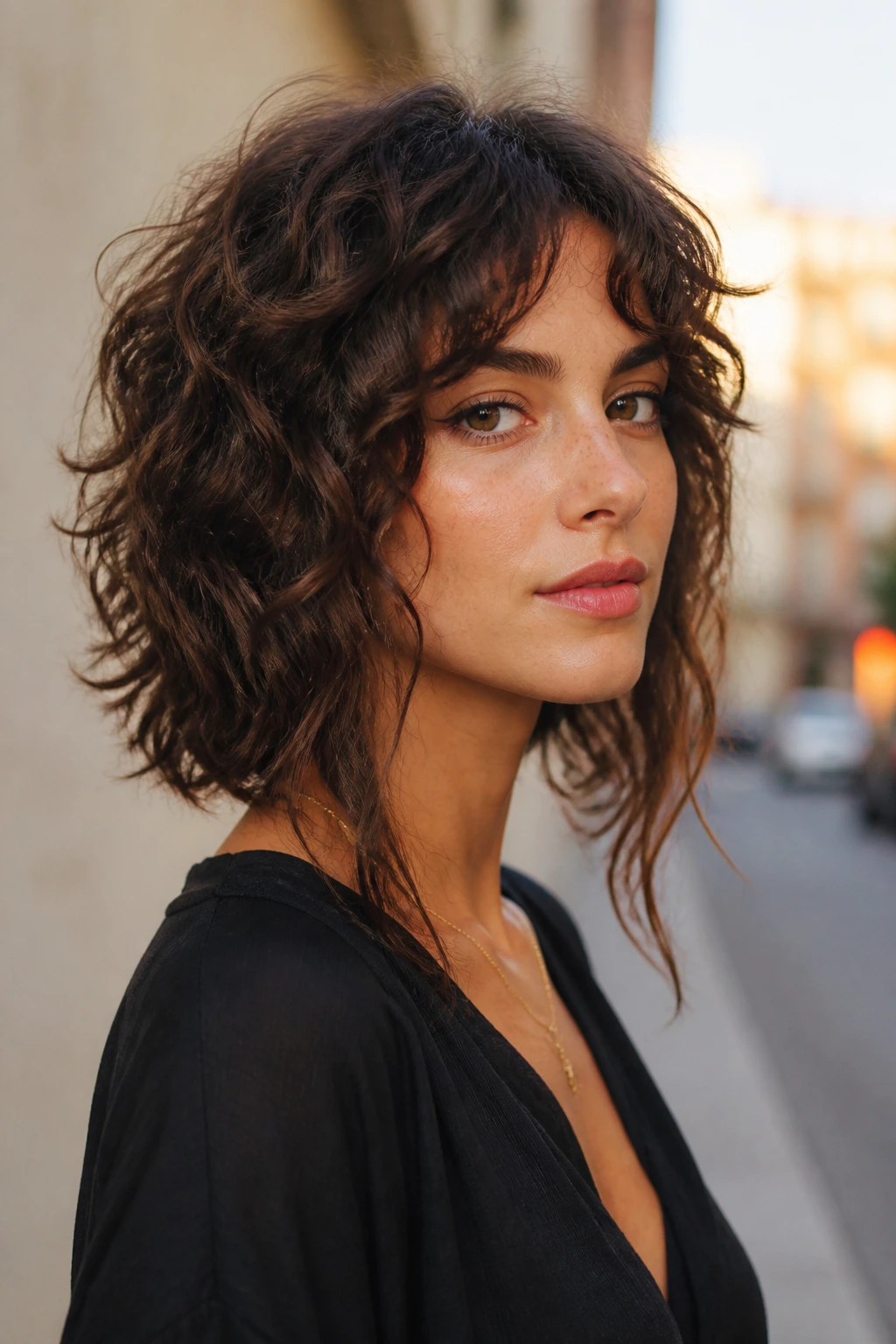 Portrait of a person with an angled lob and long face-framing ribbons