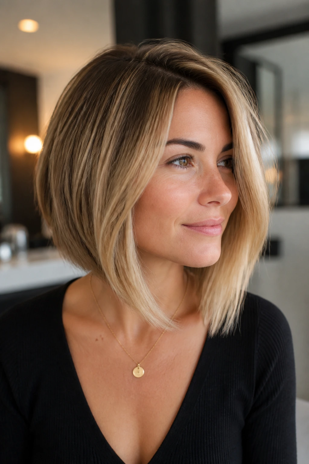 Close-up portrait of a real woman with angled lob and forward sweep