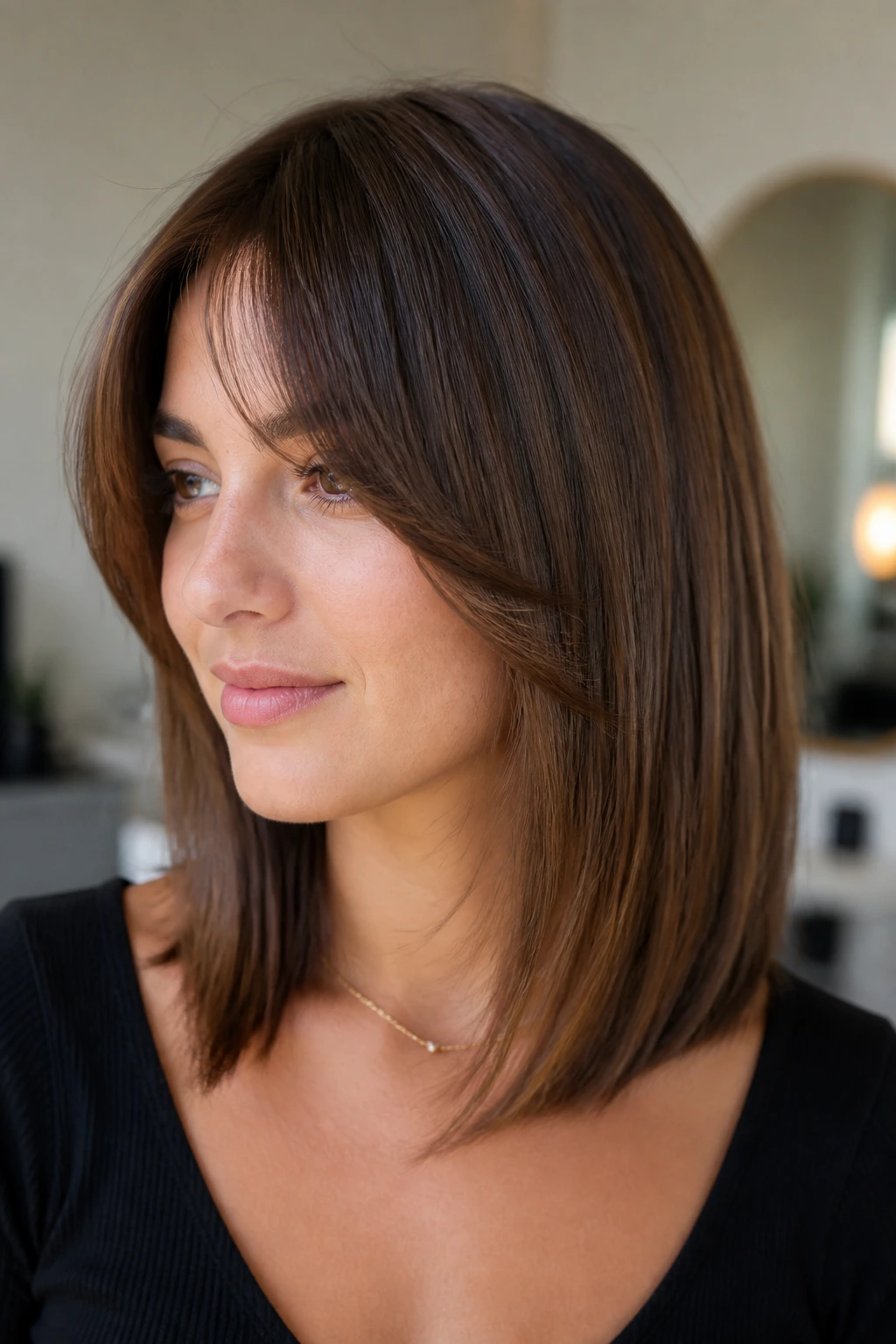 Close-up portrait of a woman with angled lob and curved fringe in soft natural light