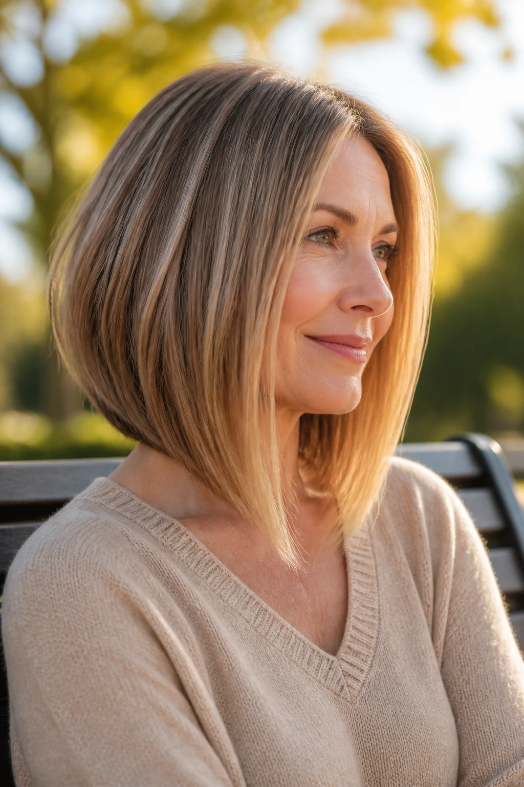 Close-up portrait of a woman with an angled lob and longer front