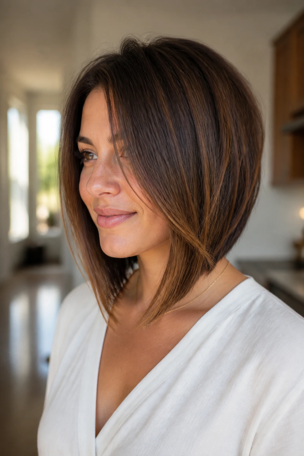 Close-up portrait of a real woman with an angled lob where the front is longer than the back