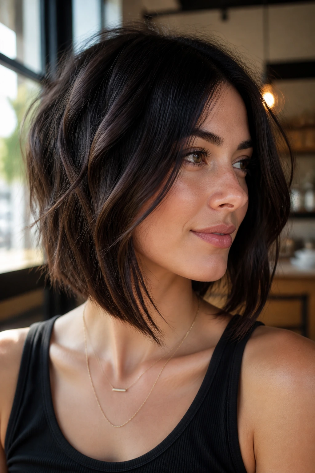Angled lob with clean front line hairstyle on real woman, close-up portrait