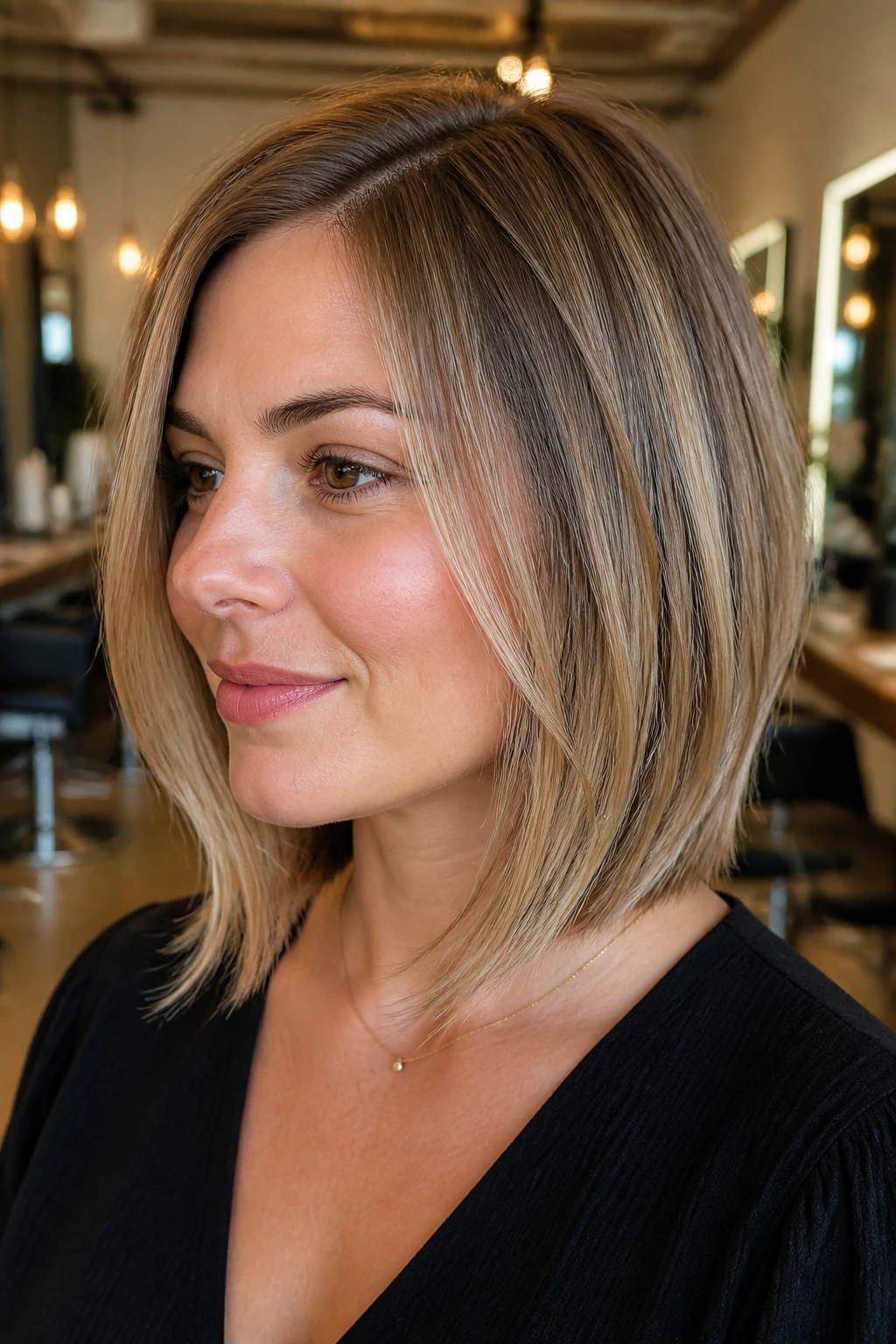 Close-up portrait of a real woman with an angled lob hairstyle flattering a round face in a salon setting