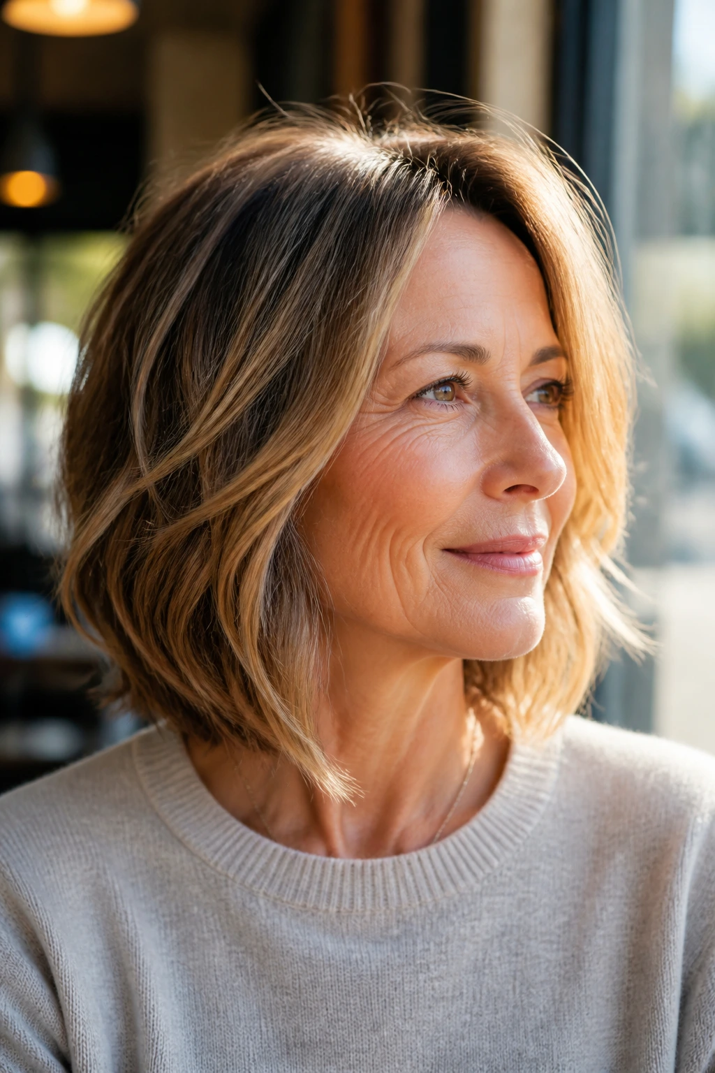 Close-up of a real woman with an angled lob skimming the jaw