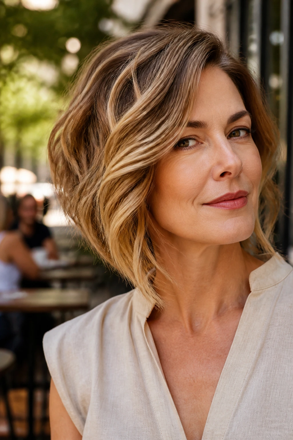 Portrait of a woman with an angled lob sharpening the jawline