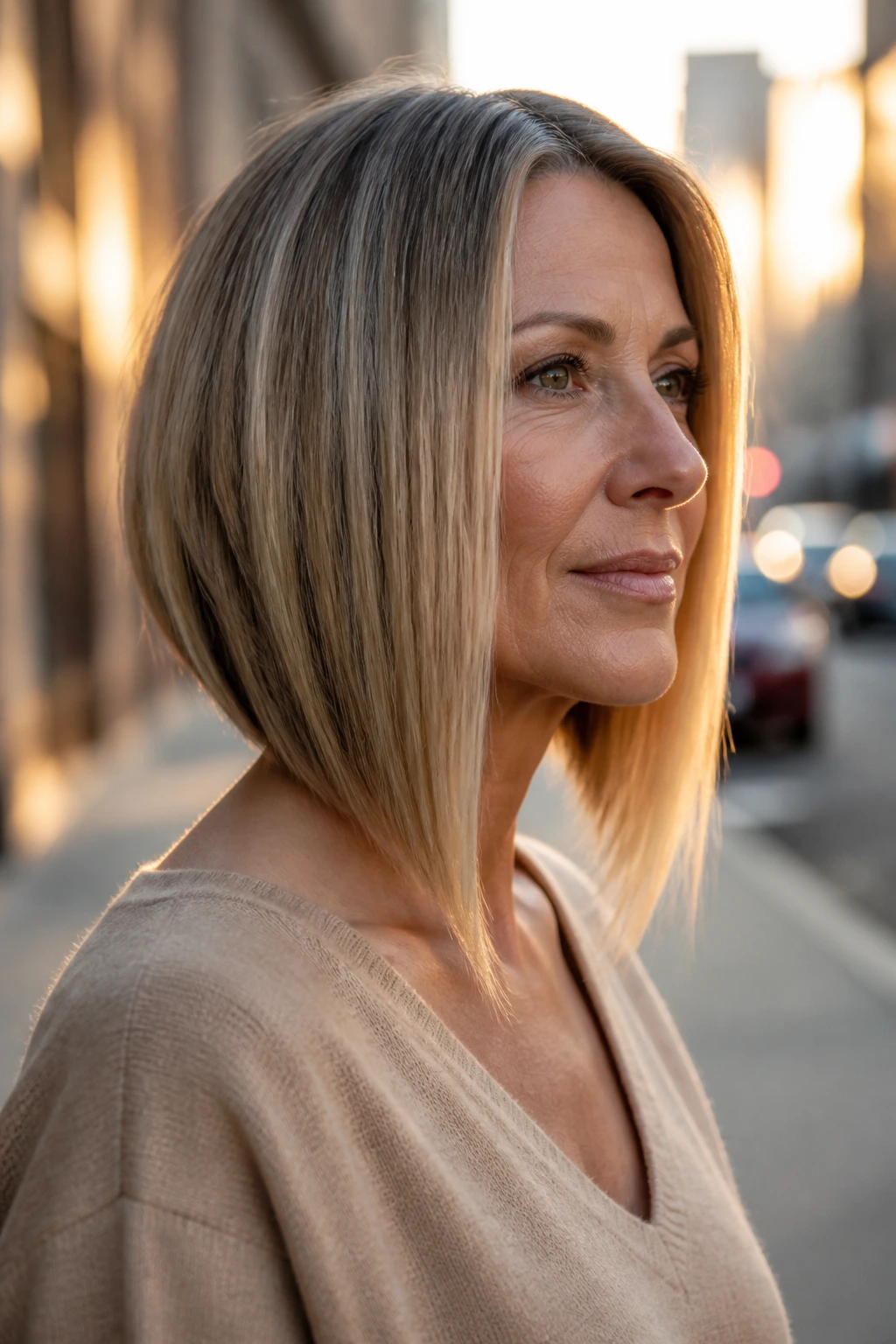 3/4 profile of a woman with angled lob and long face framing
