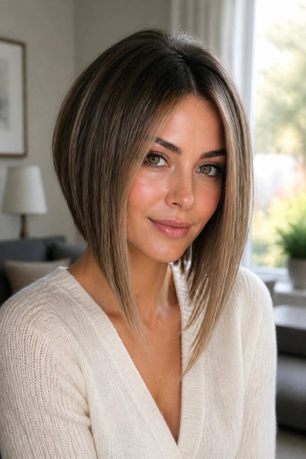 Close-up portrait of a real woman with an angled lob and long front pieces