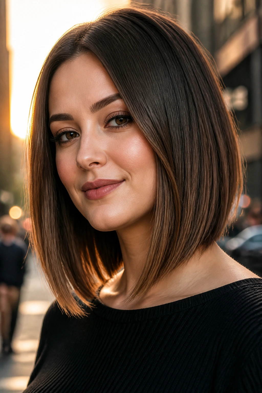 Close-up portrait of a real woman with Angled Lob and longer front pieces