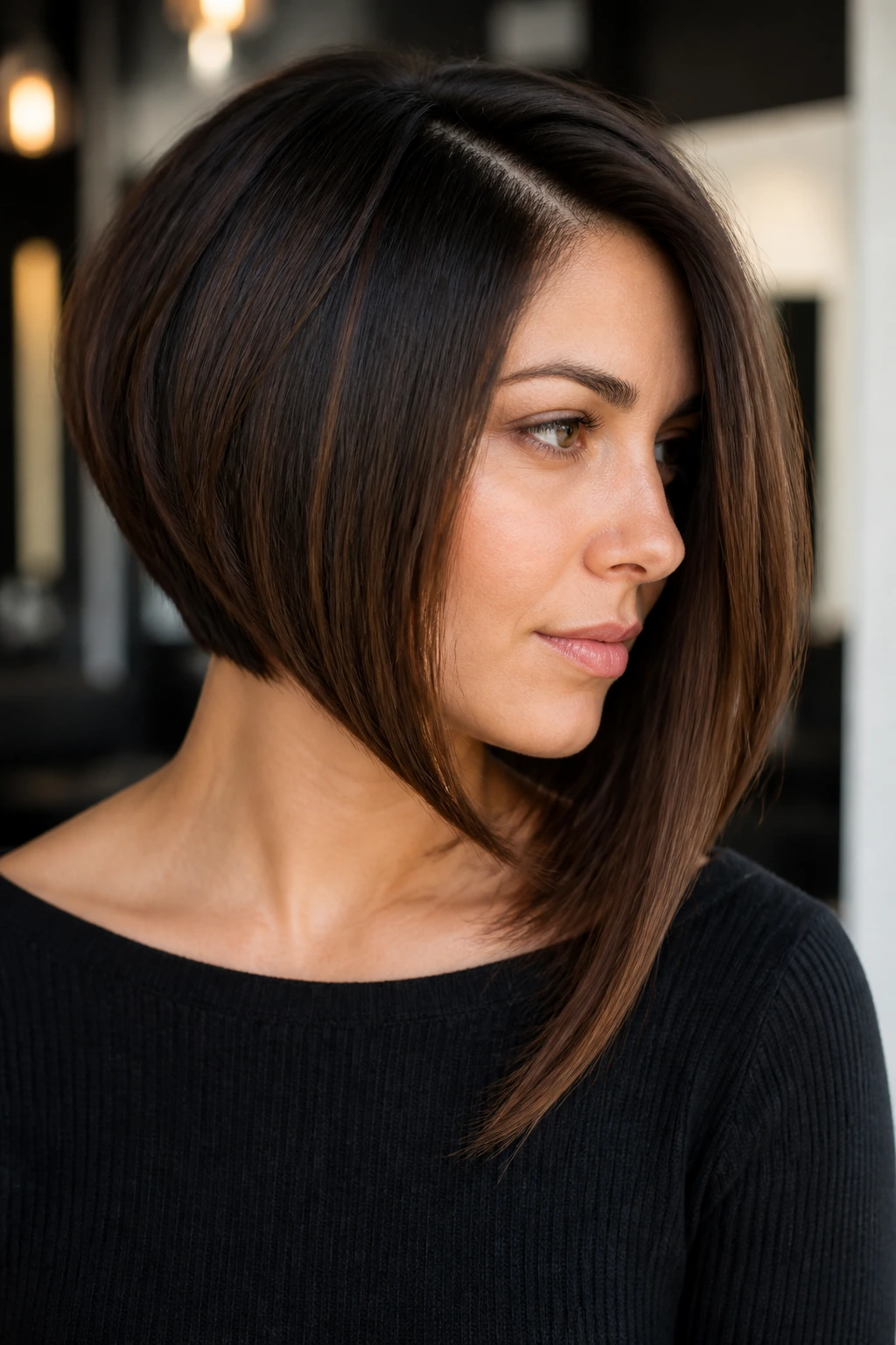 Portrait of a woman with angled lob showing longer front