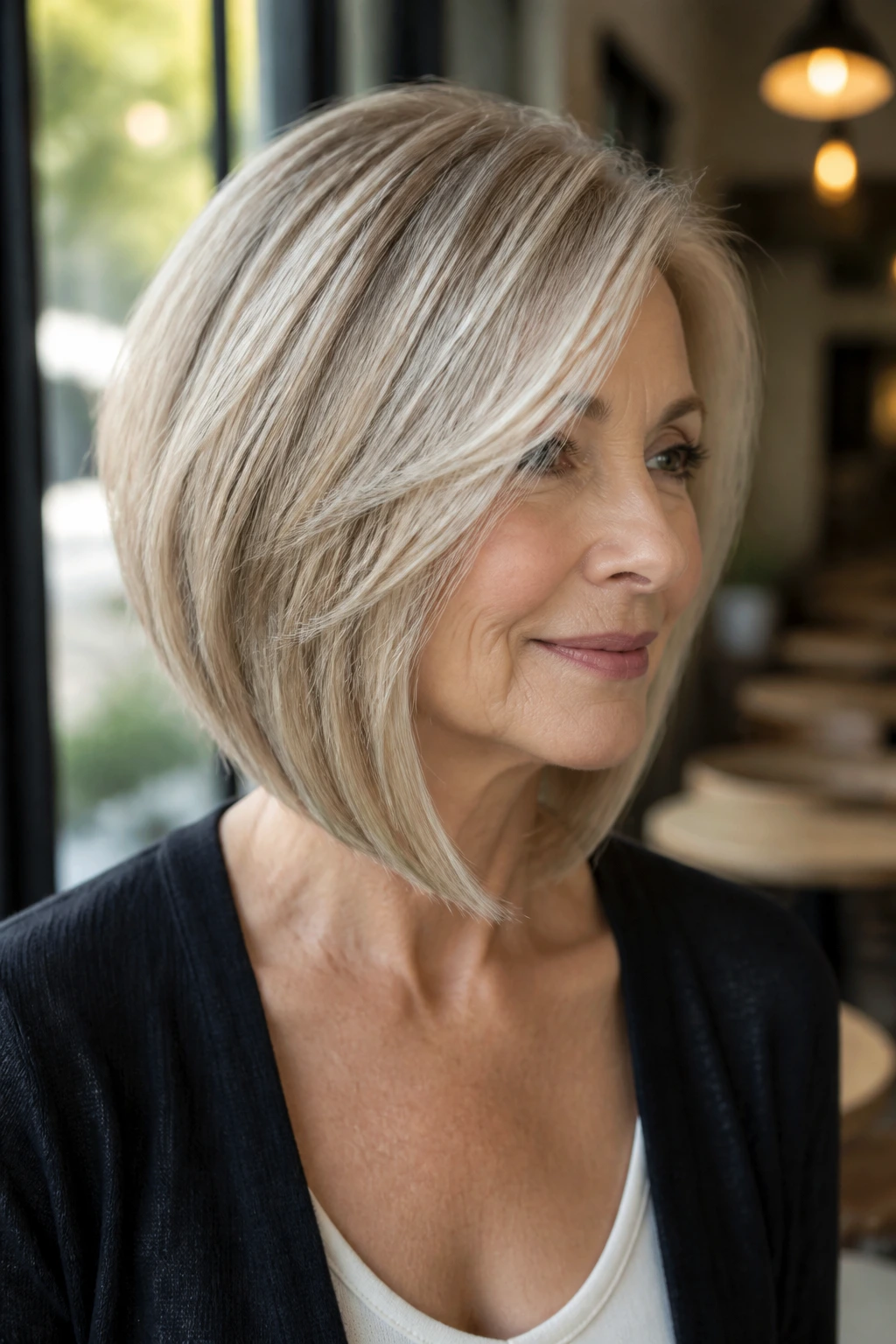 Close-up of a real woman with an angled lob showing longer front, diagonal silhouette, natural daylight.