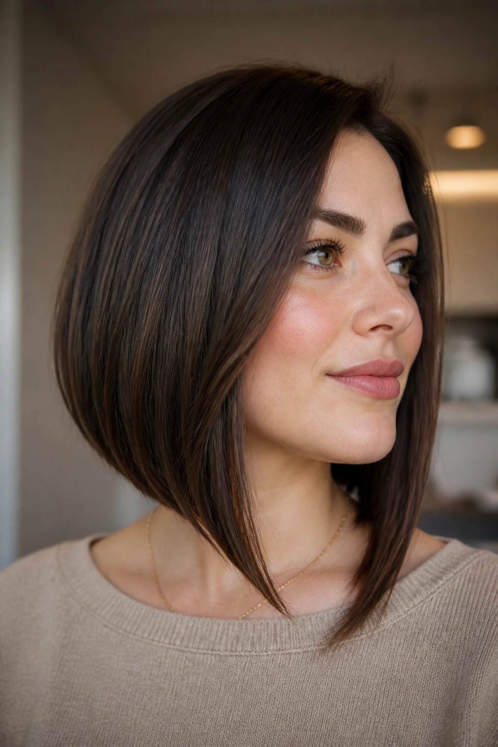Profile portrait of a real woman with an angled lob with longer front
