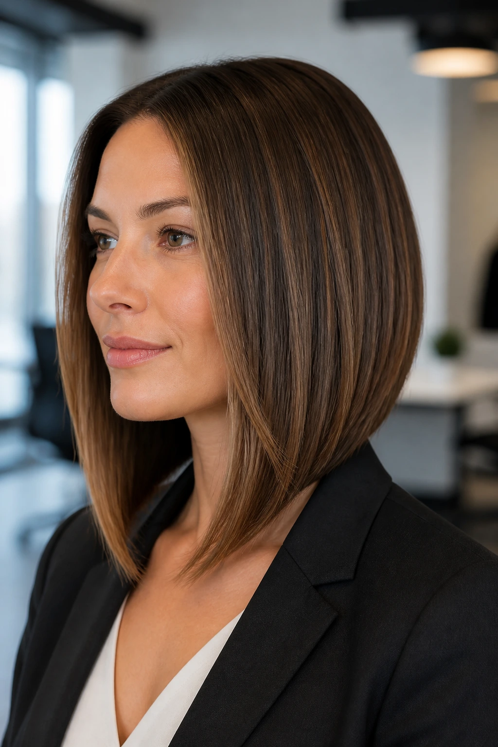 Close-up portrait of a woman with angled lob and longer front length in an office setting
