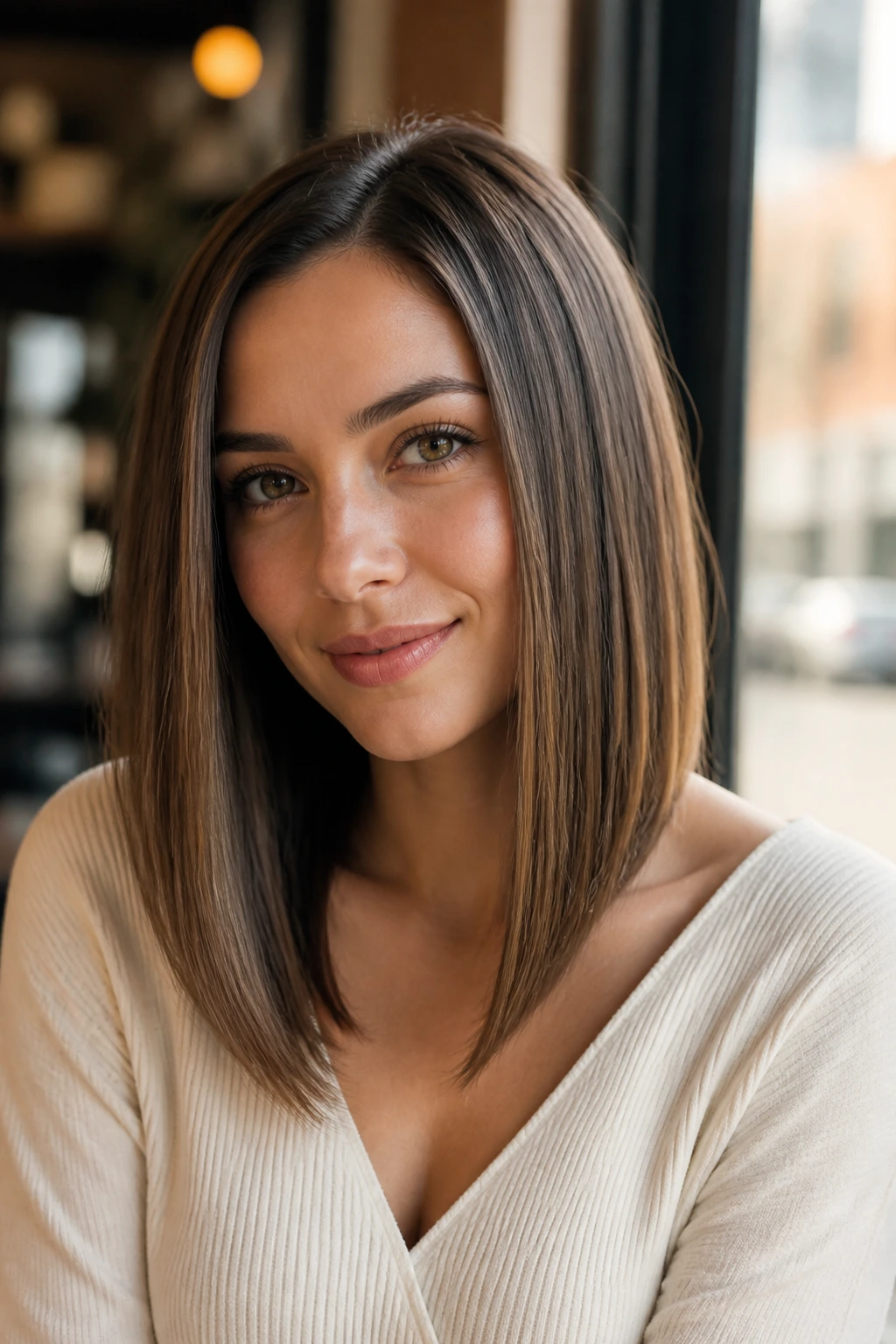 Close-up portrait of a real woman with angled lob and longer front pieces