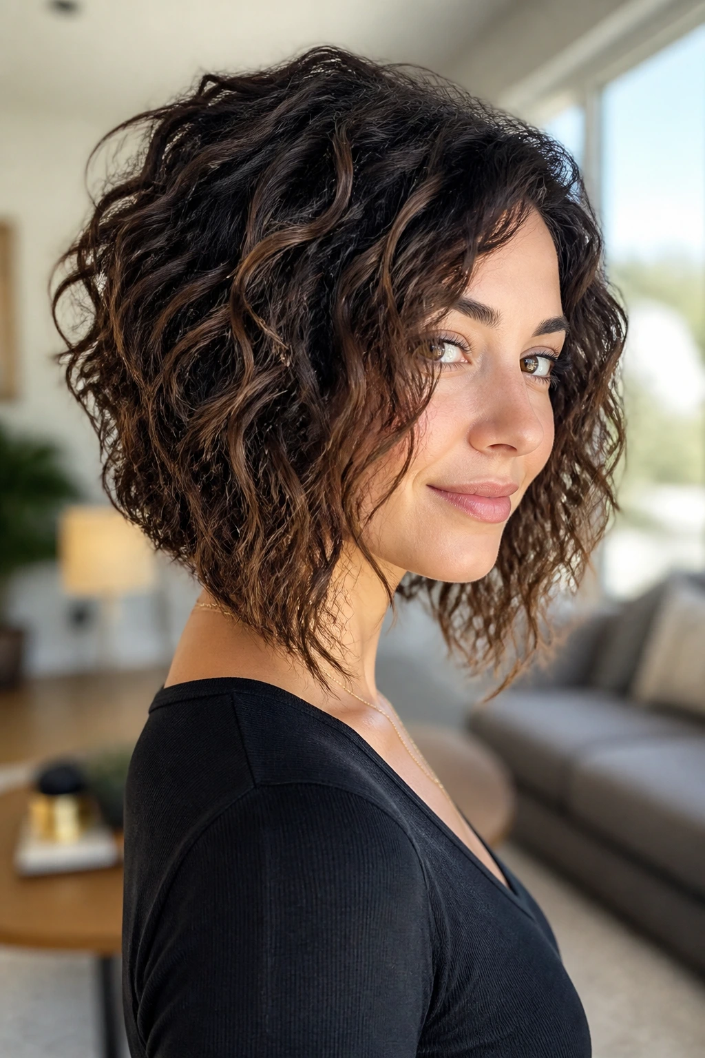 Close-up portrait of a real woman with an angled lob and longer front pieces