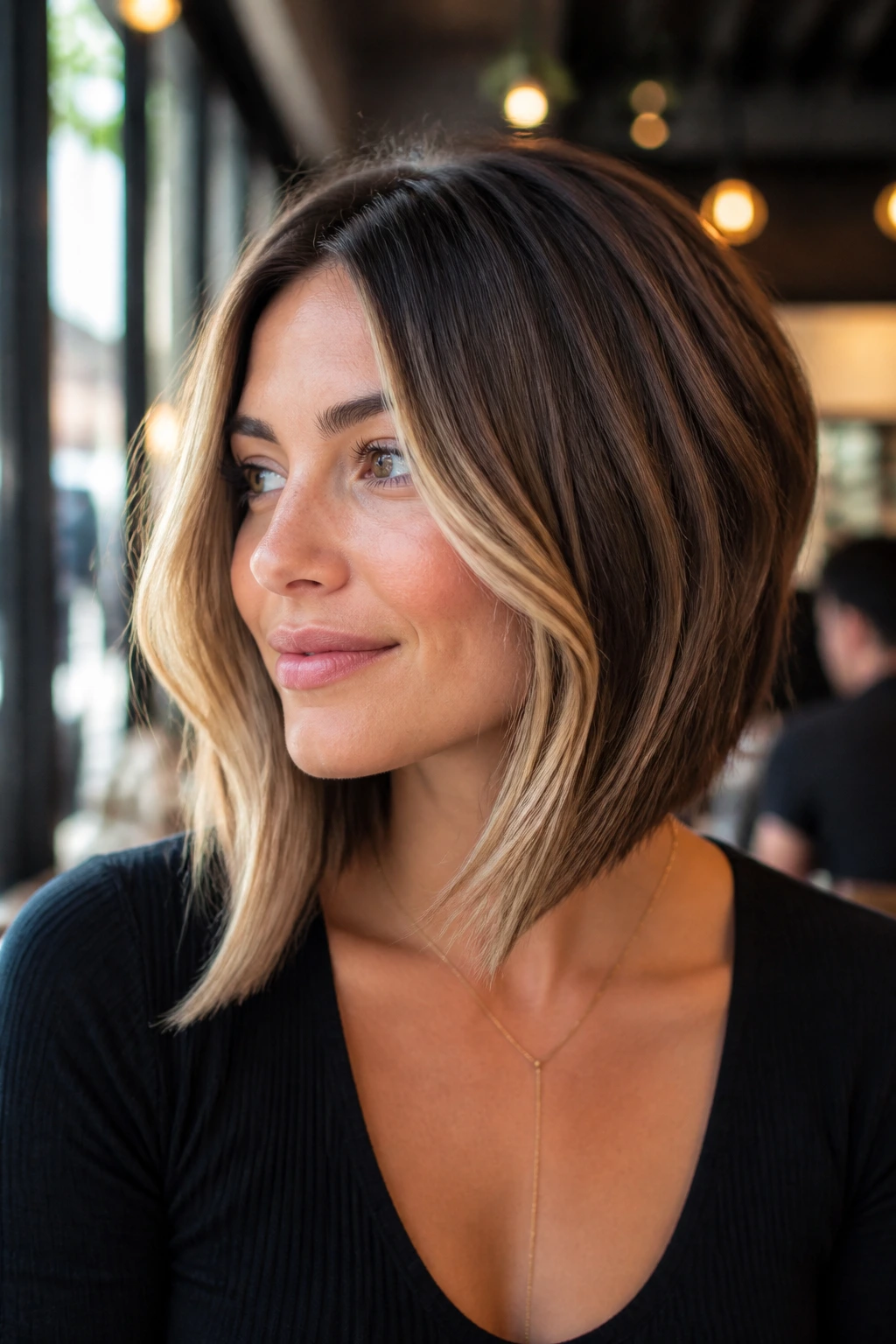 Close-up of angled lob with brighter money piece on a real woman