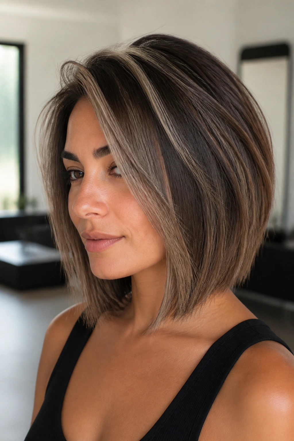 Real woman with angled lob and mushroom brown lowlights for depth on olive skin