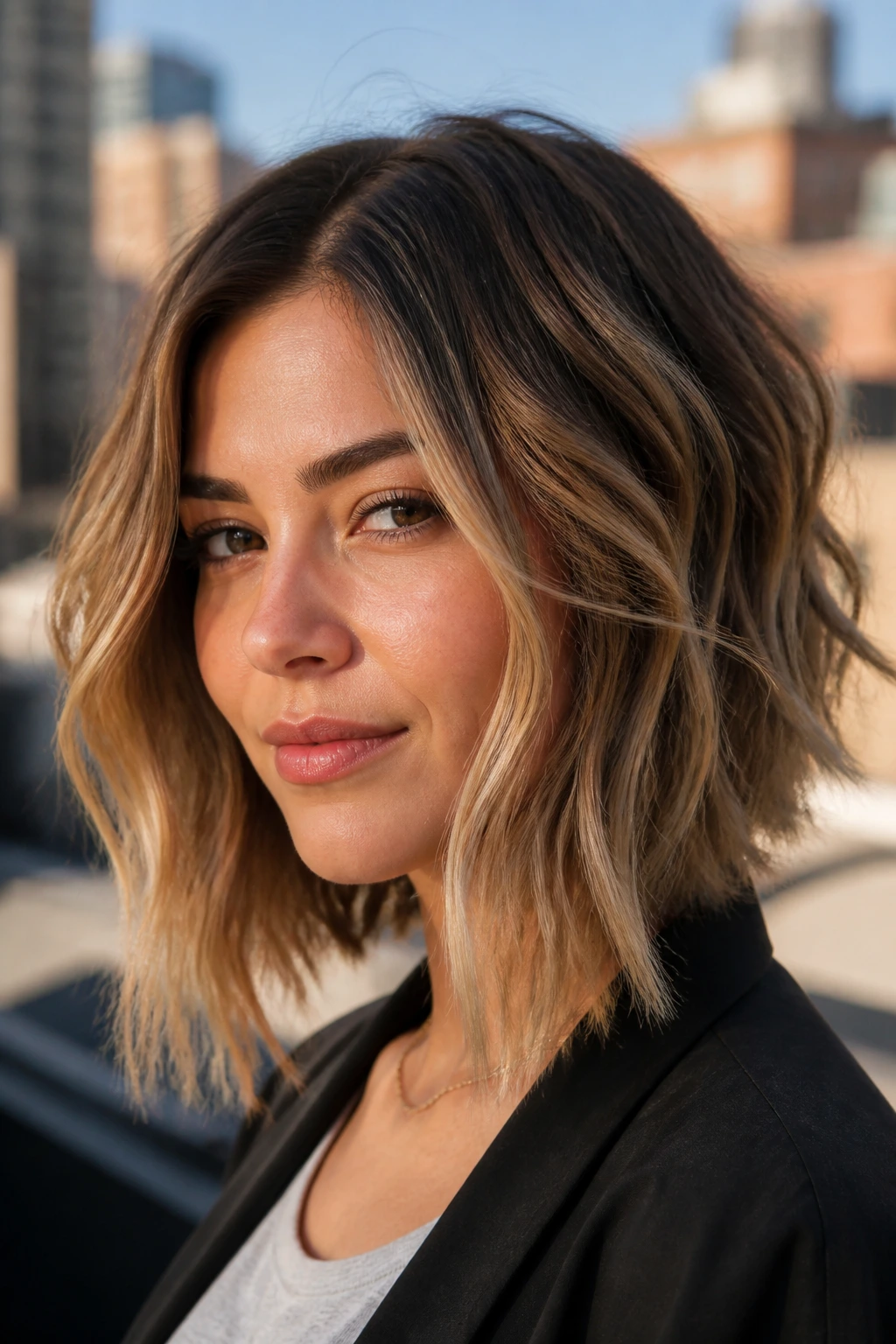 Real woman with angled lob and longer front pieces