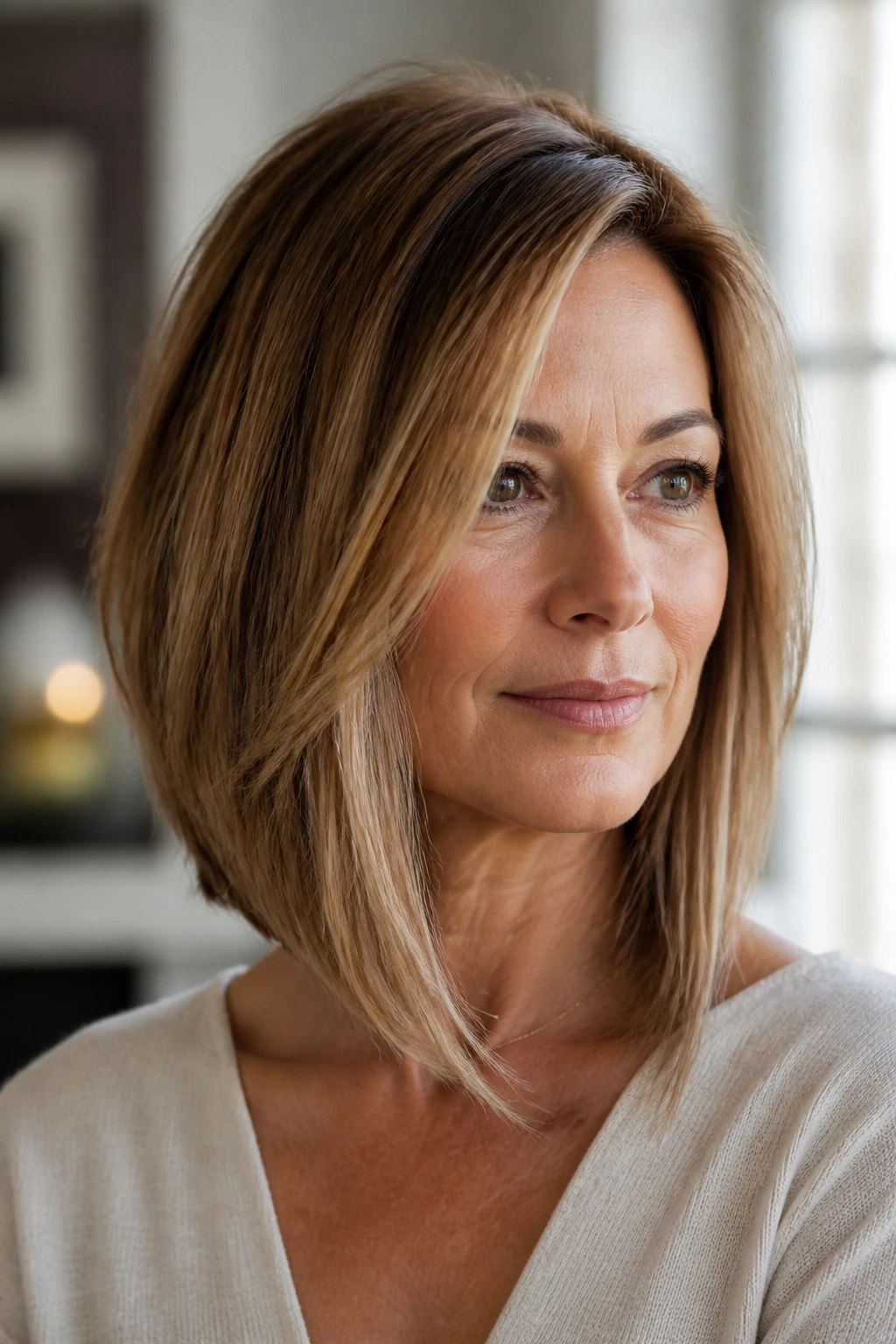 Portrait of a real woman with angled lob and longer front pieces showing forward sweep.