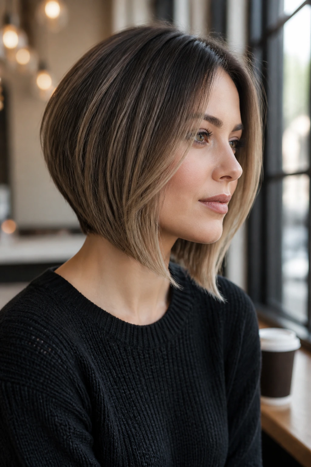 Close-up portrait of a woman showing an angled lob with soft tucked ends