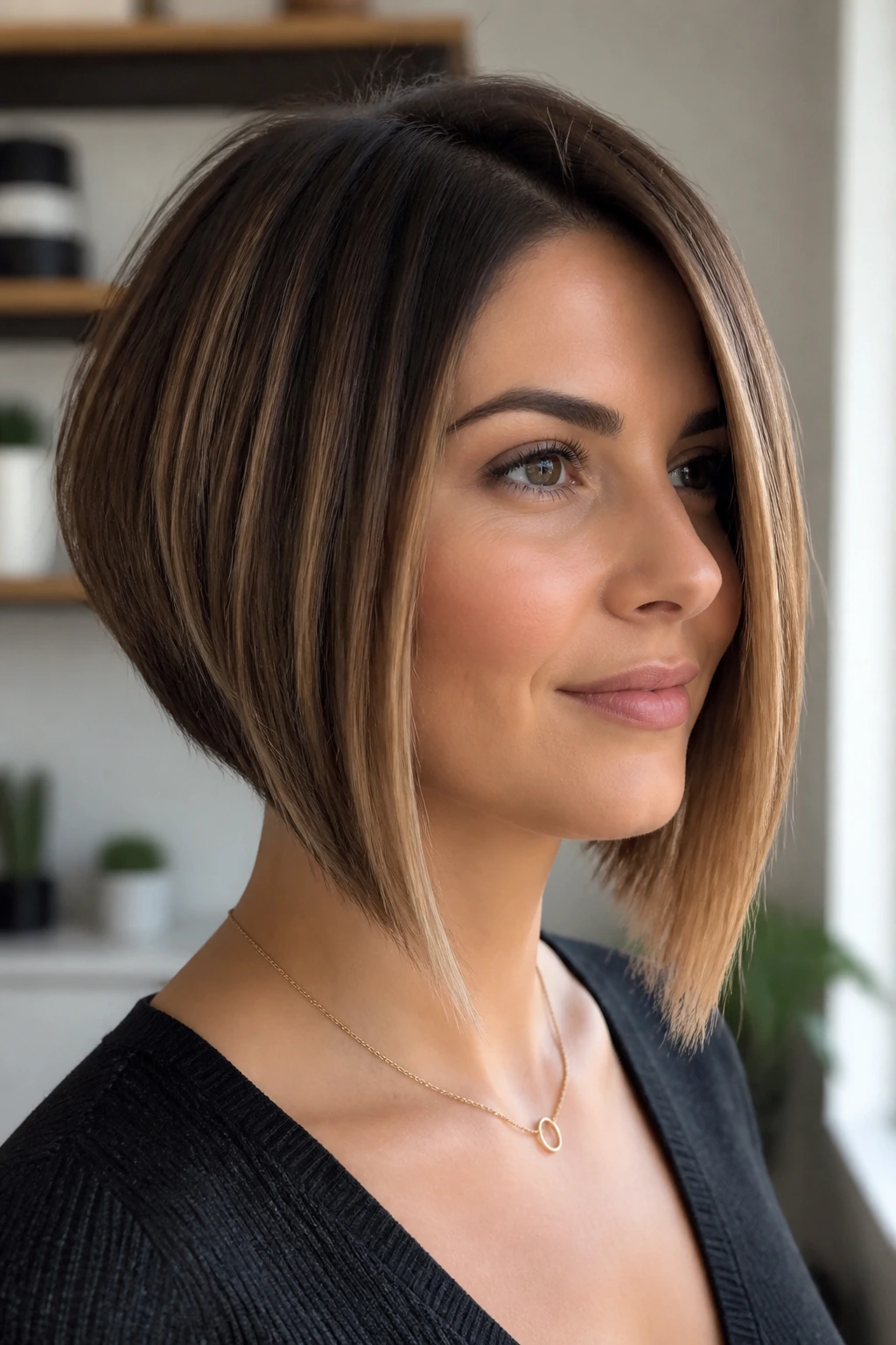 Portrait of woman with angled lob and tapered back, creating a lengthening effect.