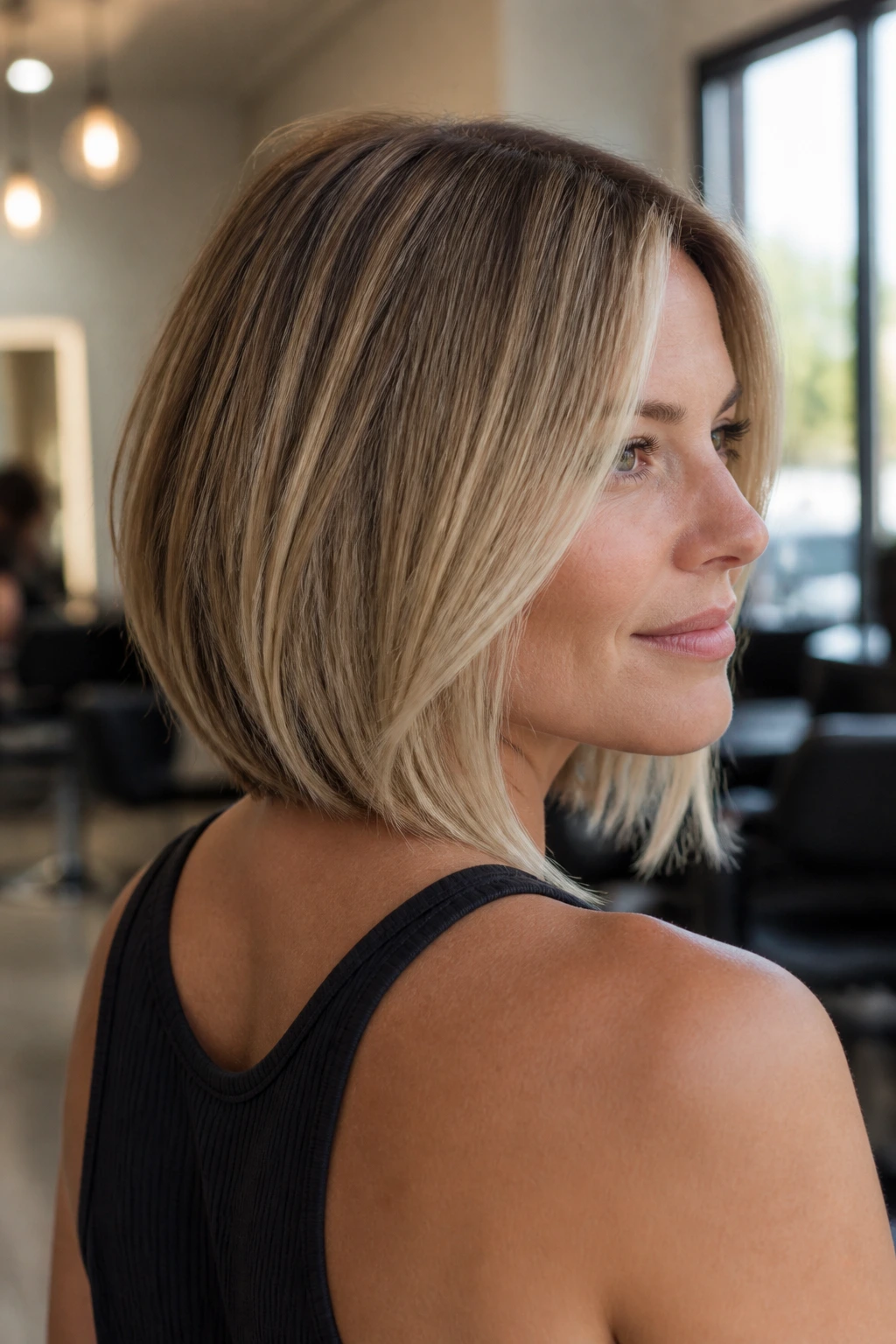 Close-up portrait of a real woman with an angled lob showing front longer and back shorter, jawline framing.