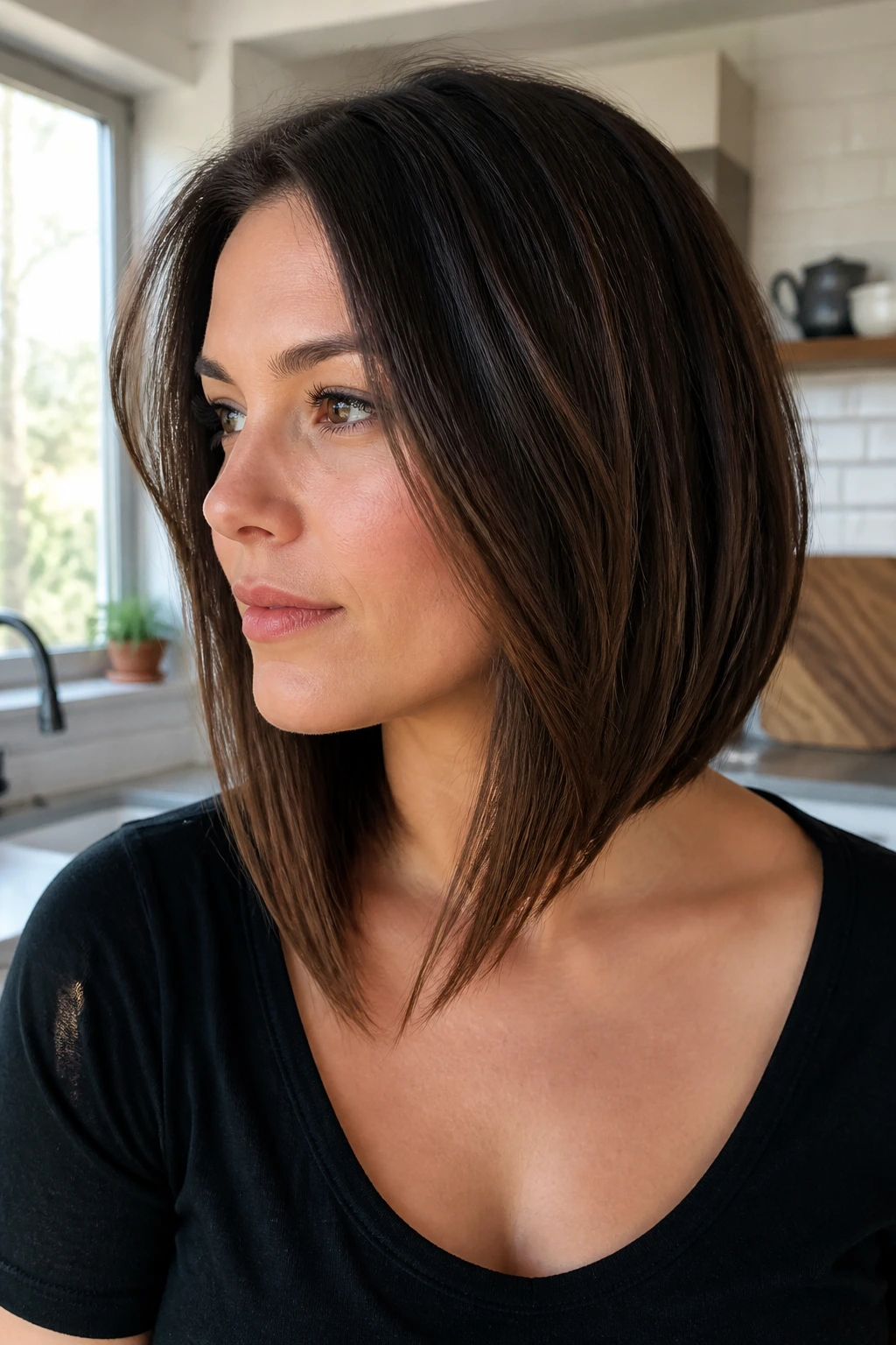 Portrait of a real woman with an angled lob and weighted front corners