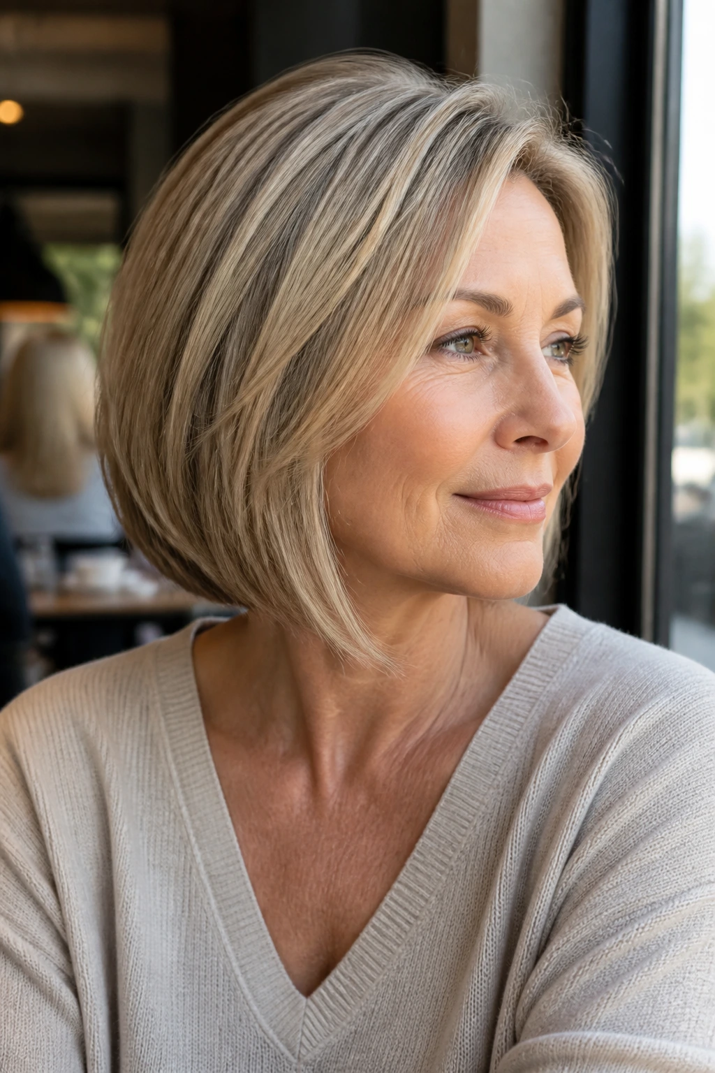 Close-up of real woman with sandy angled mid bob
